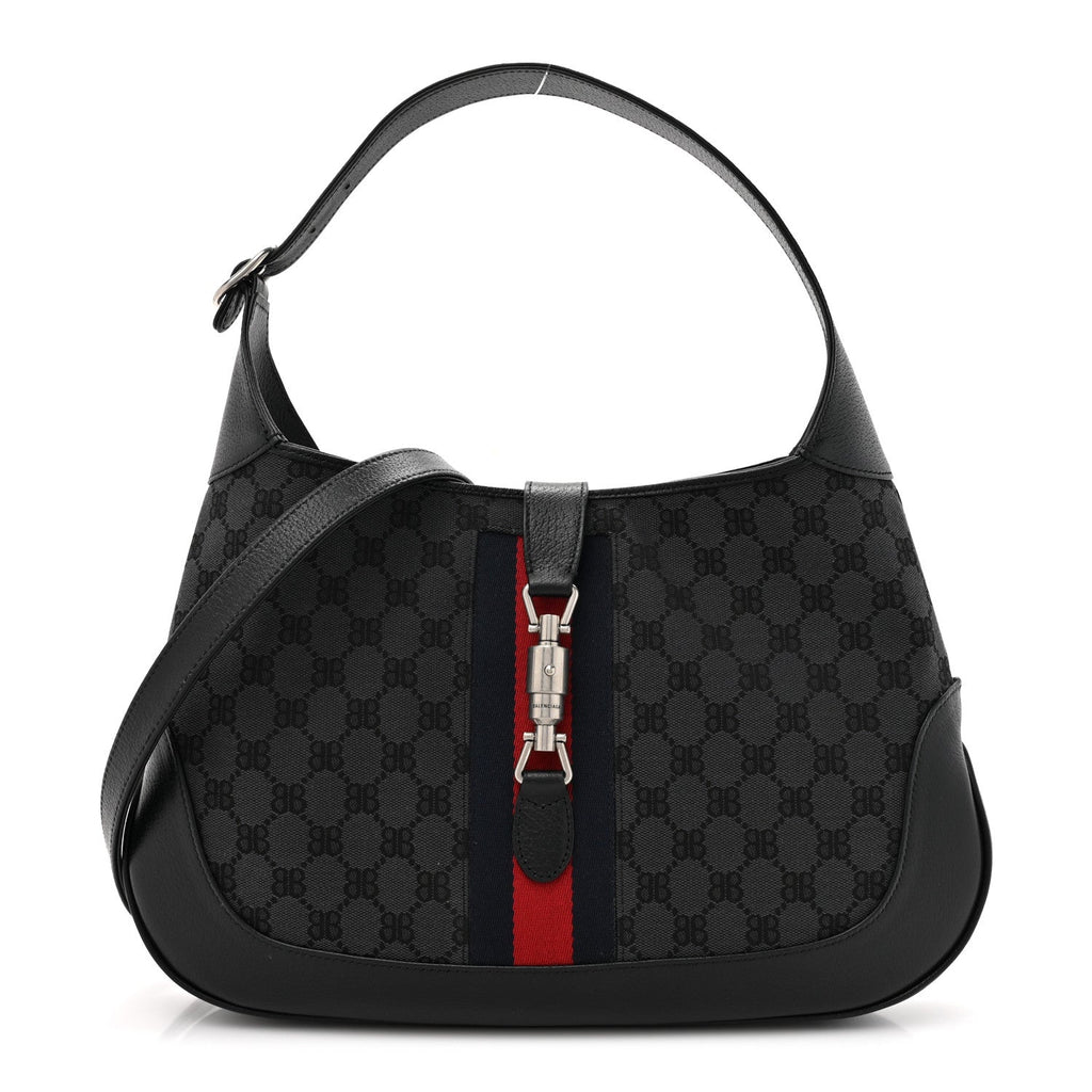 X BALENCIAGA Supreme Monogram Calfskin Web Medium Jackie 1961 Hobo Black