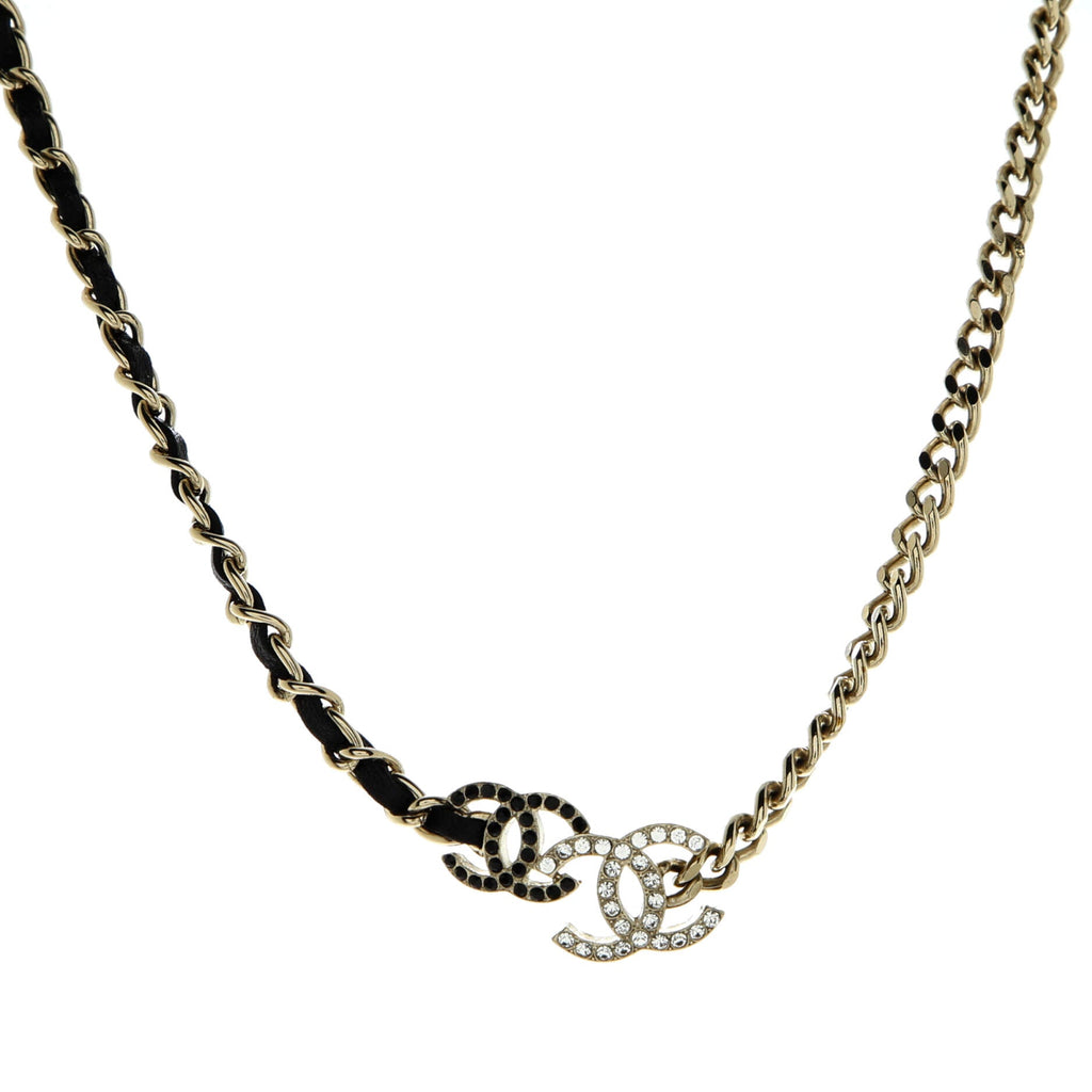 Double CC Chain Choker Necklace Metal with Leather and Crystals