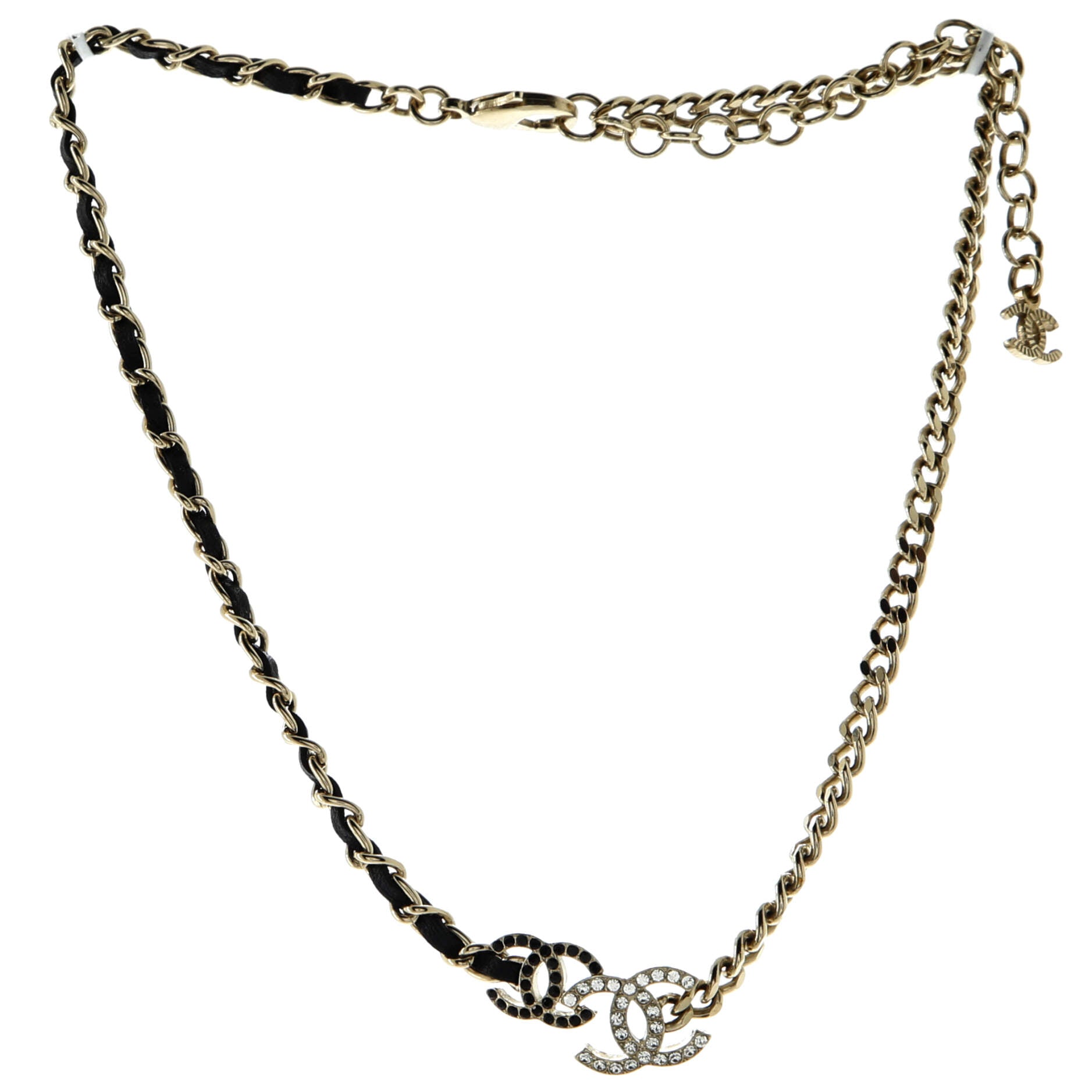 Double CC Chain Choker Necklace Metal with Leather and Crystals