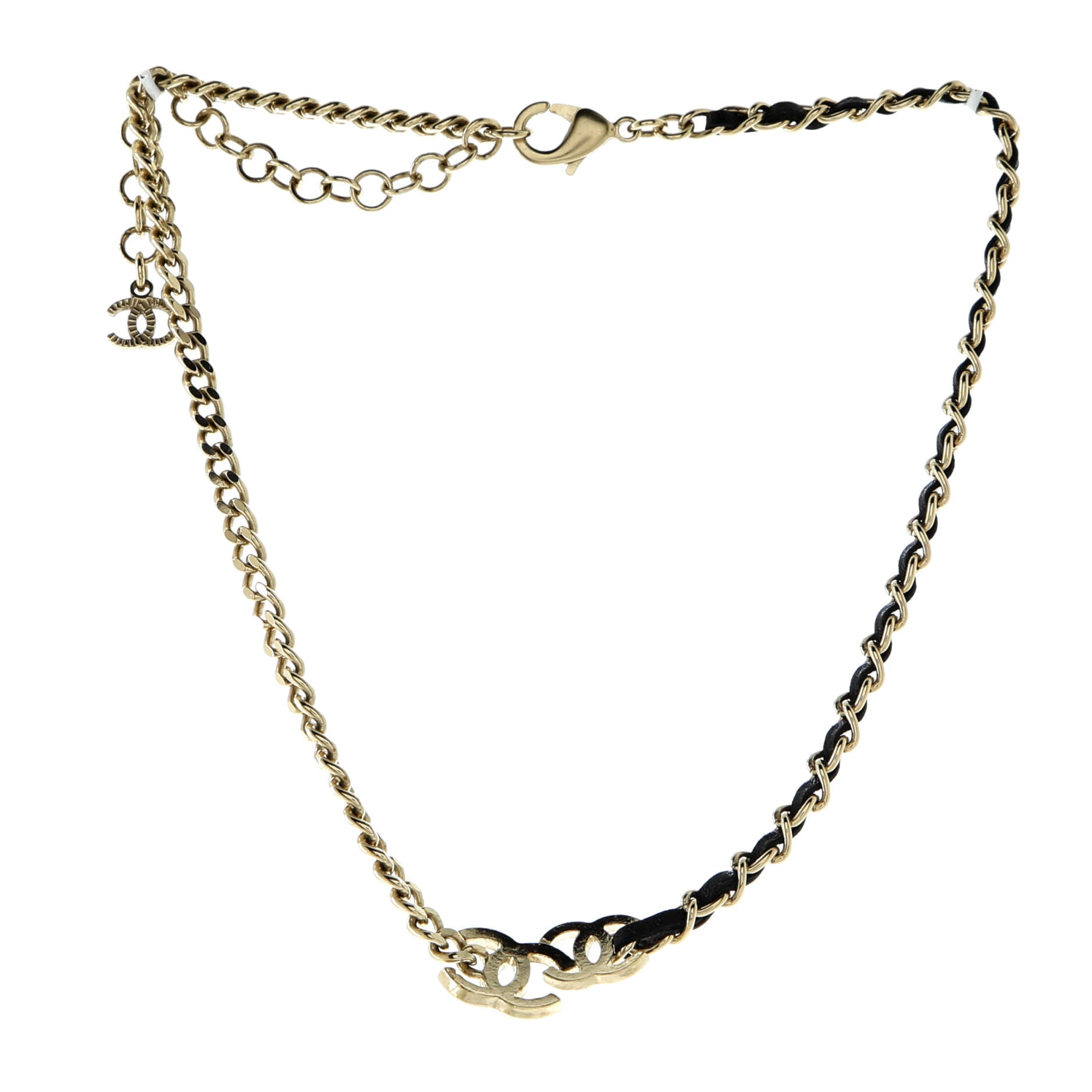 Double CC Chain Choker Necklace Metal with Leather and Crystals