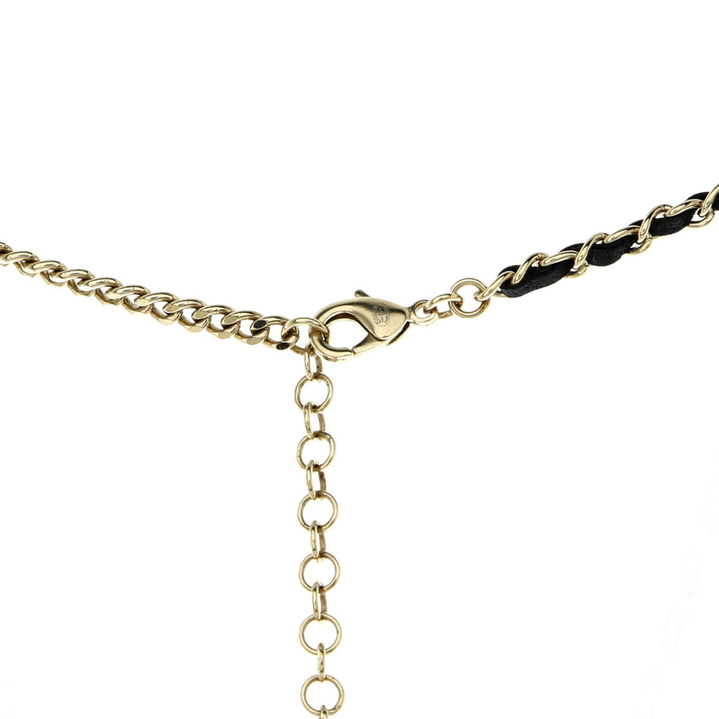 Double CC Chain Choker Necklace Metal with Leather and Crystals