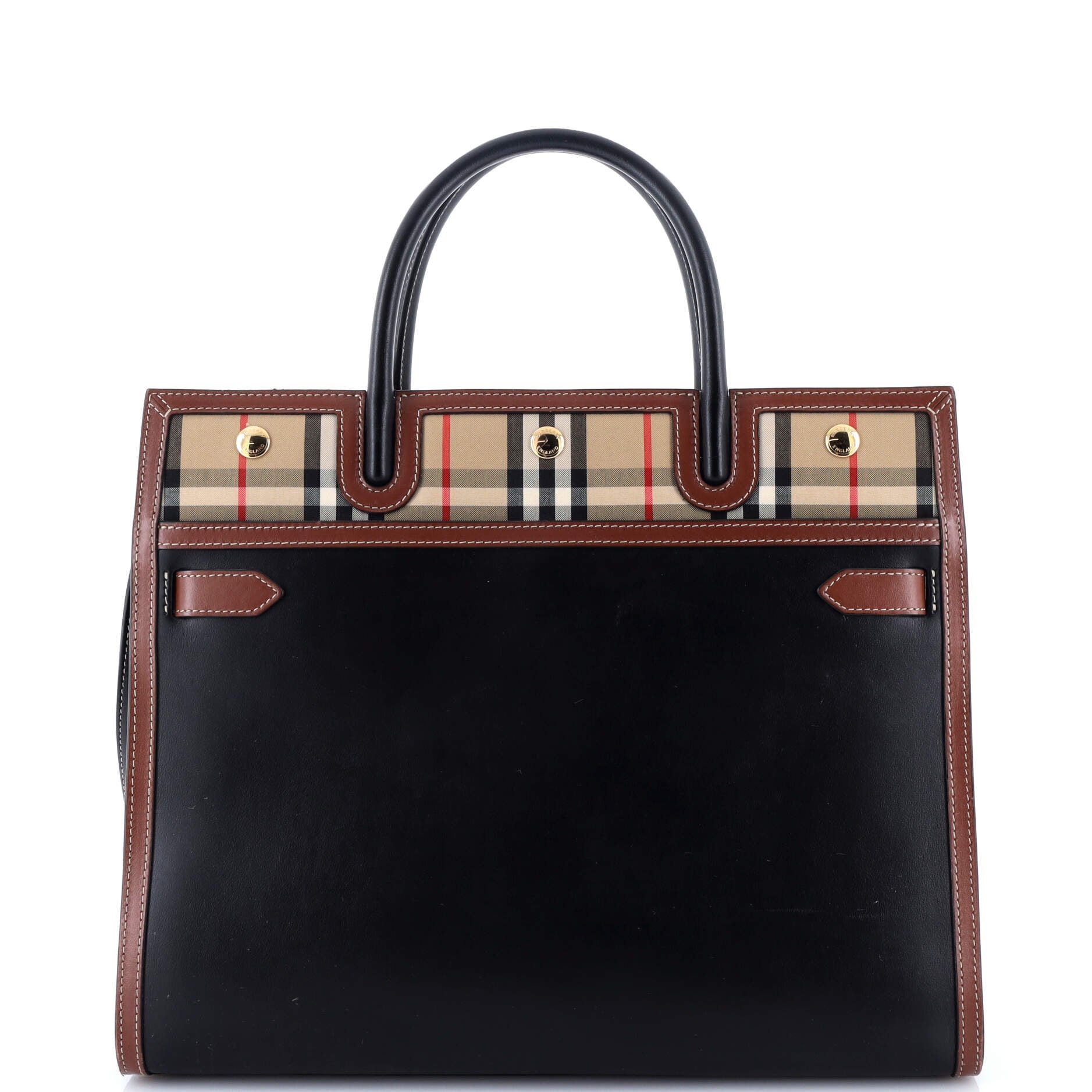 Title Two Handle Tote Leather with Vintage Check Canvas Medium