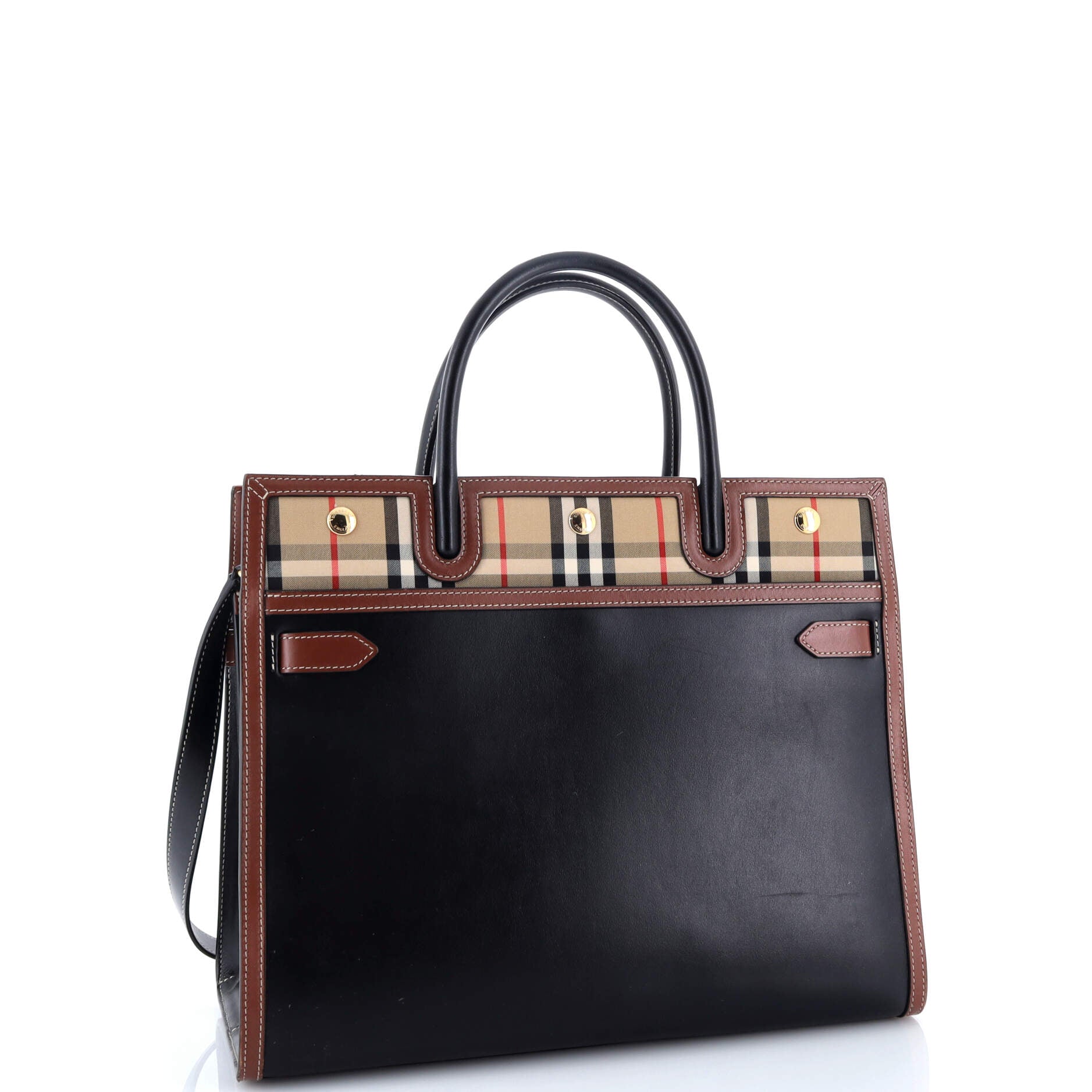 Title Two Handle Tote Leather with Vintage Check Canvas Medium
