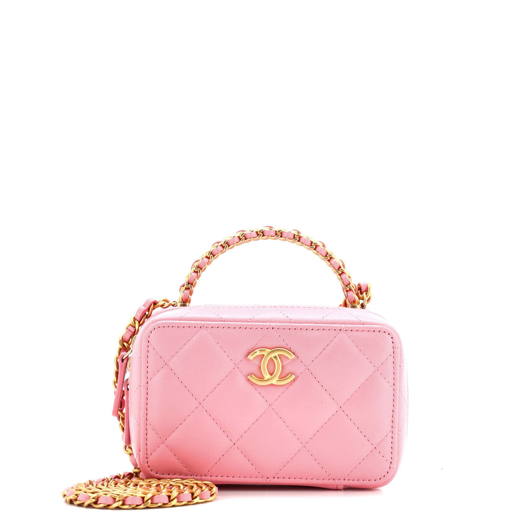CC Chain Handle Zip Around Vanity Case with Chain Quilted Lambskin Mini