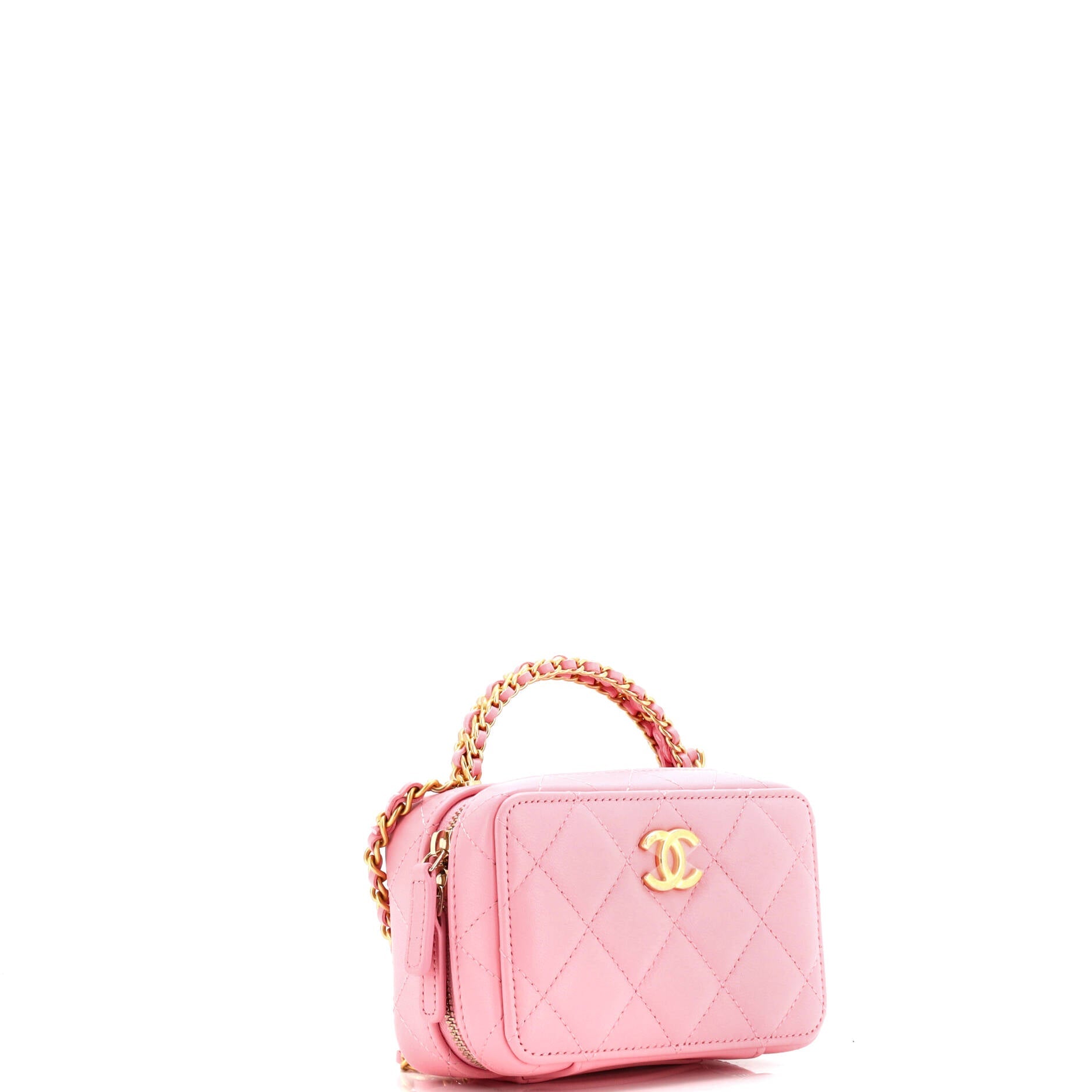 CC Chain Handle Zip Around Vanity Case with Chain Quilted Lambskin Mini