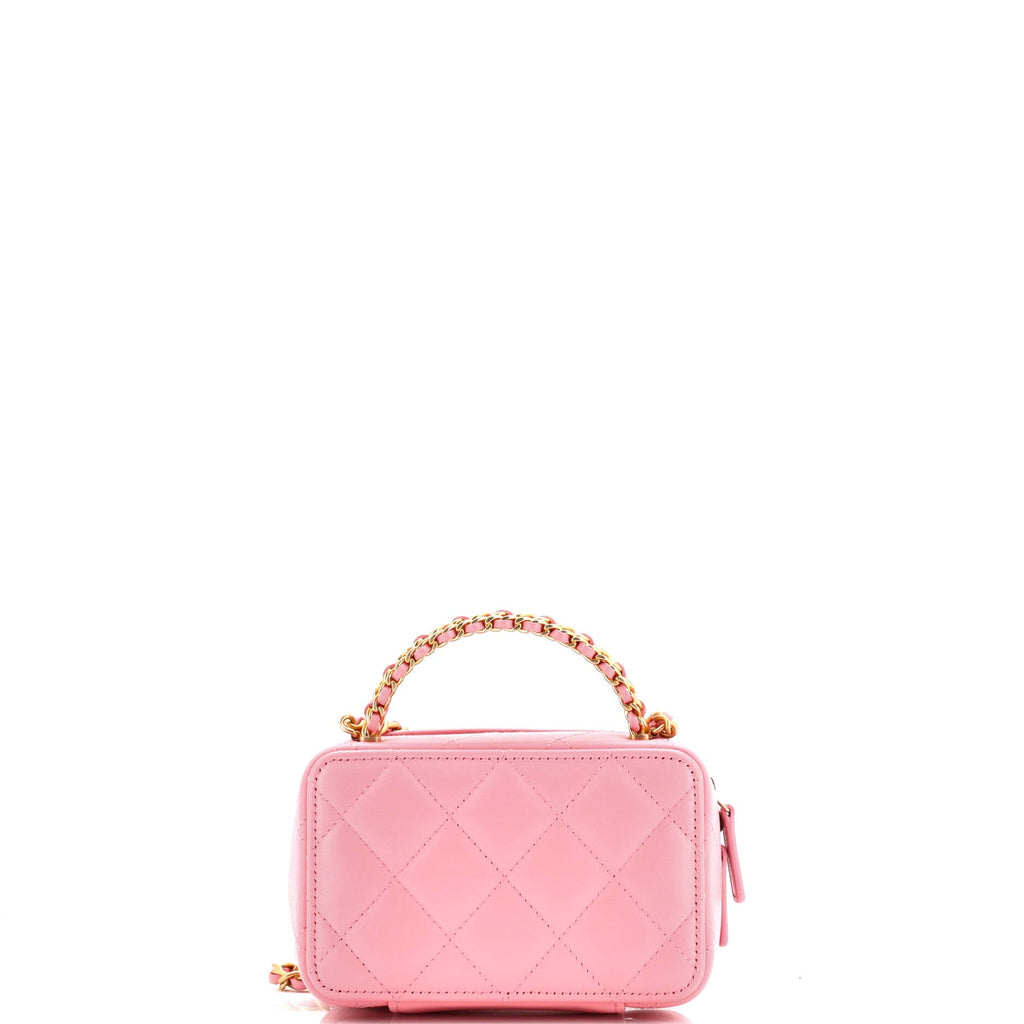 CC Chain Handle Zip Around Vanity Case with Chain Quilted Lambskin Mini