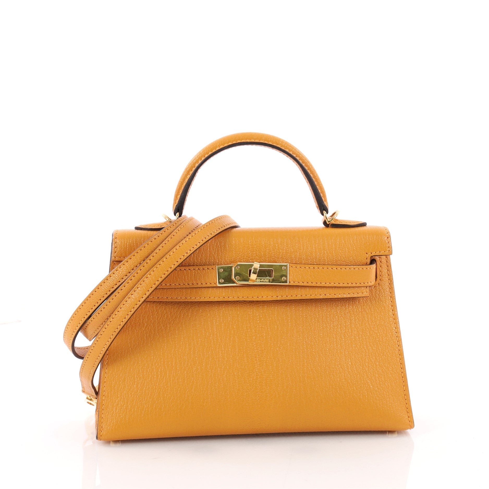 Kelly Mini II Handbag Moutarde Yellow Chevre Mysore with Gold Hardware 20