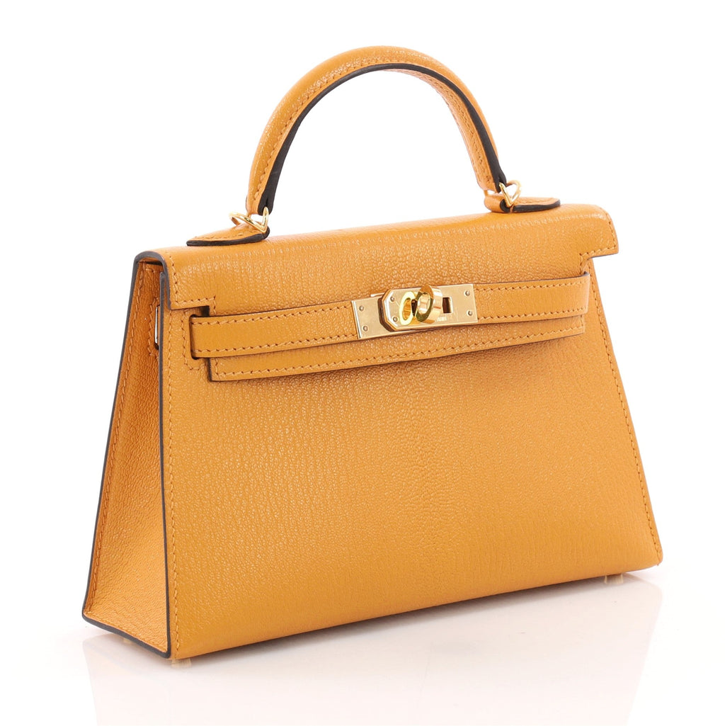 Kelly Mini II Handbag Moutarde Yellow Chevre Mysore with Gold Hardware 20