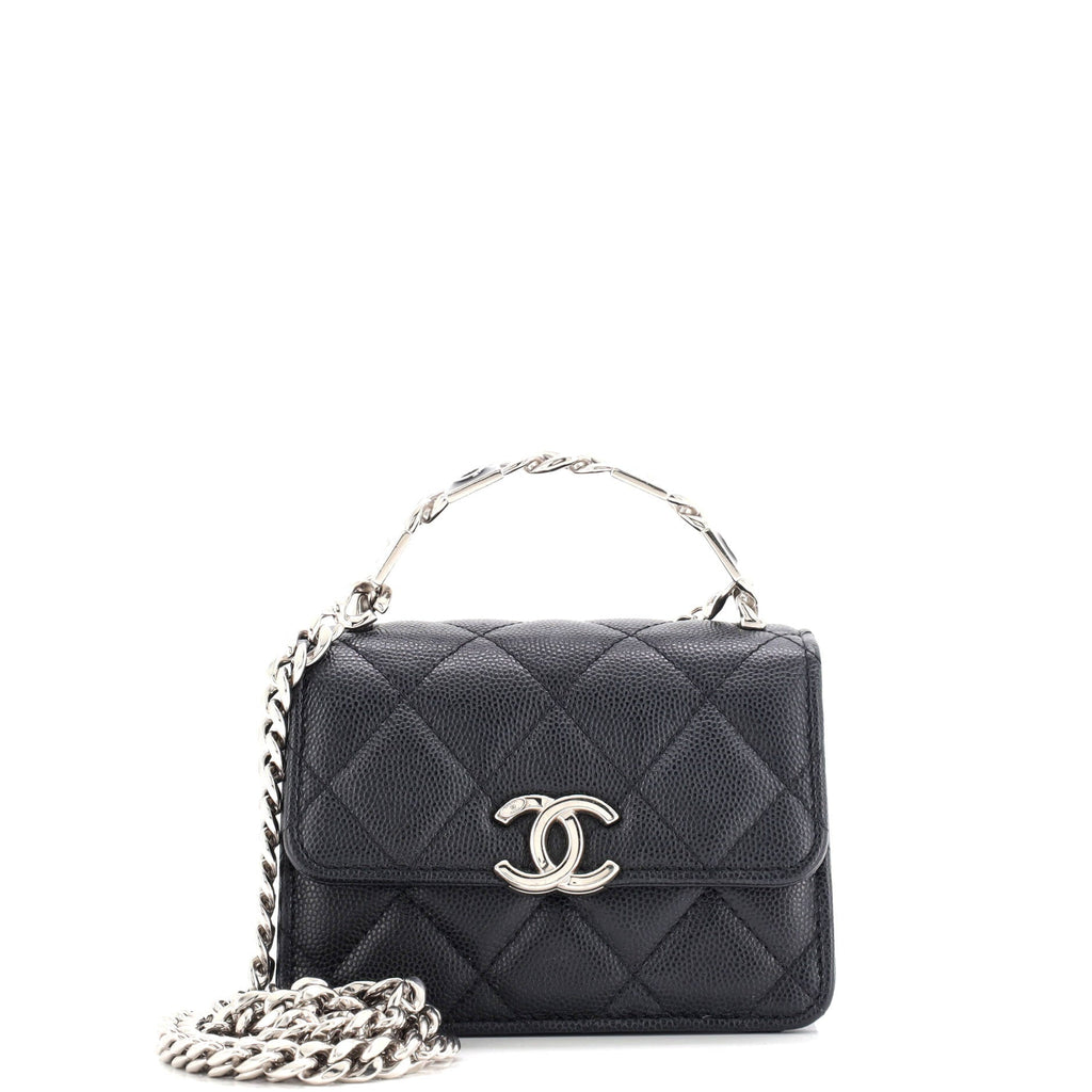 Coco Enamel Top Handle Flap Clutch with Chain Quilted Caviar