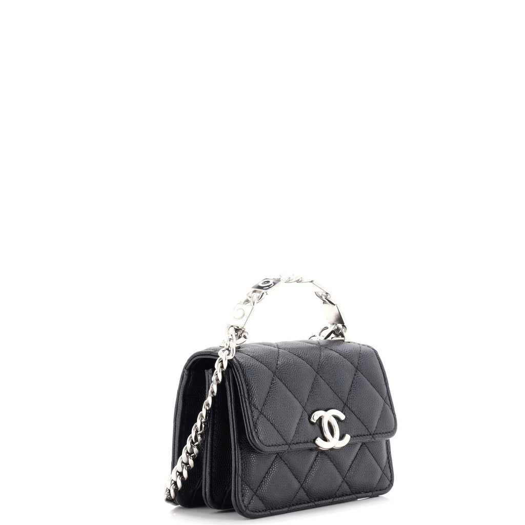 Coco Enamel Top Handle Flap Clutch with Chain Quilted Caviar