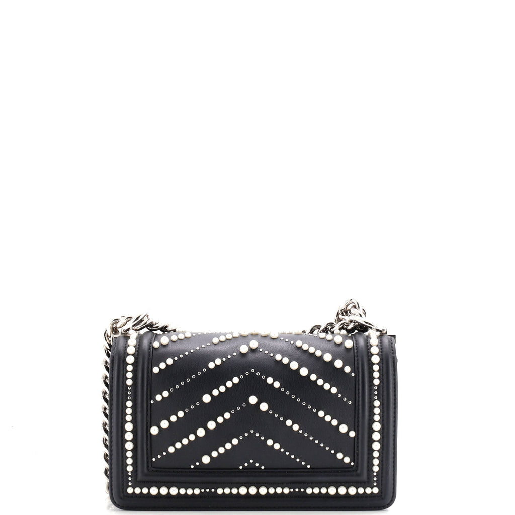 Boy Flap Bag Pearl Embellished Chevron Calfskin Small