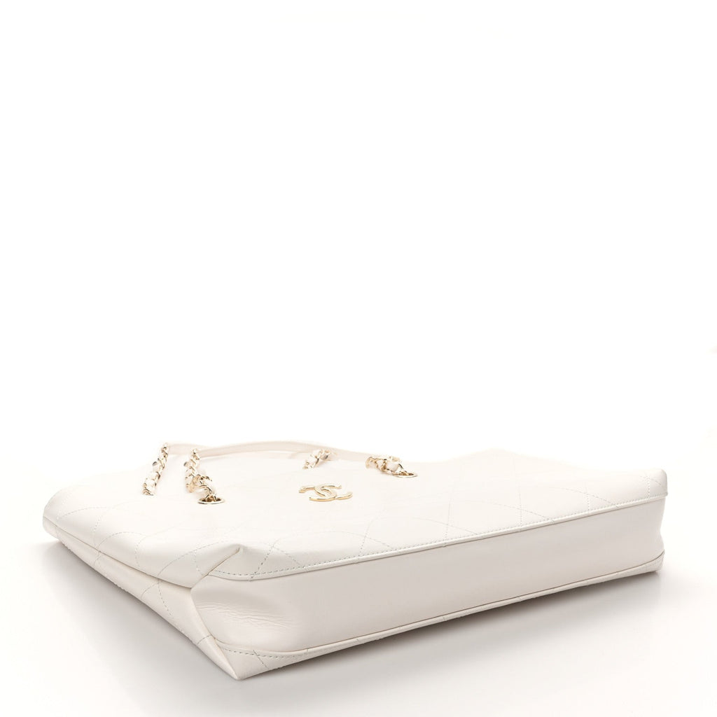 Glazed Calfskin Stitched Shopping Tote White