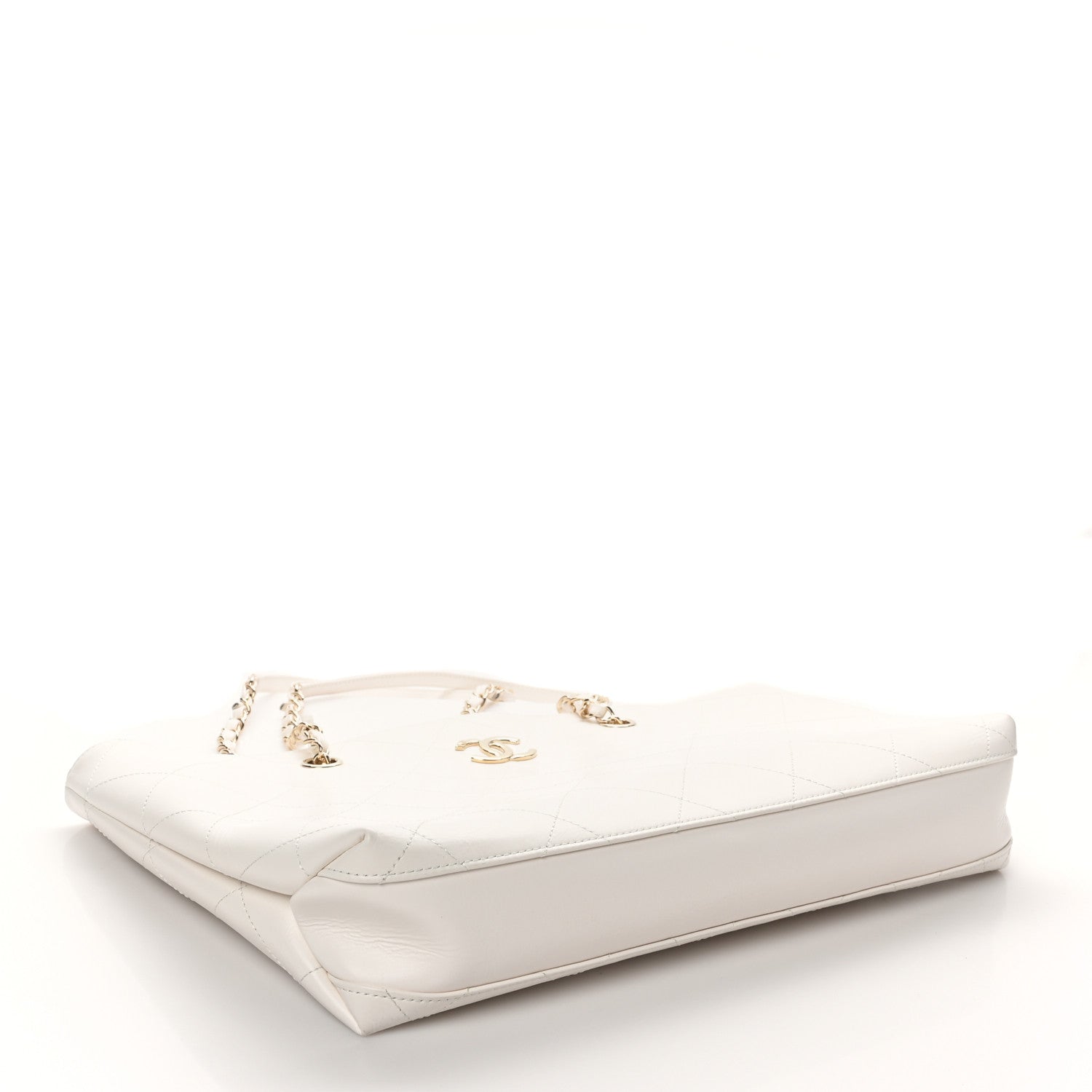 Glazed Calfskin Stitched Shopping Tote White