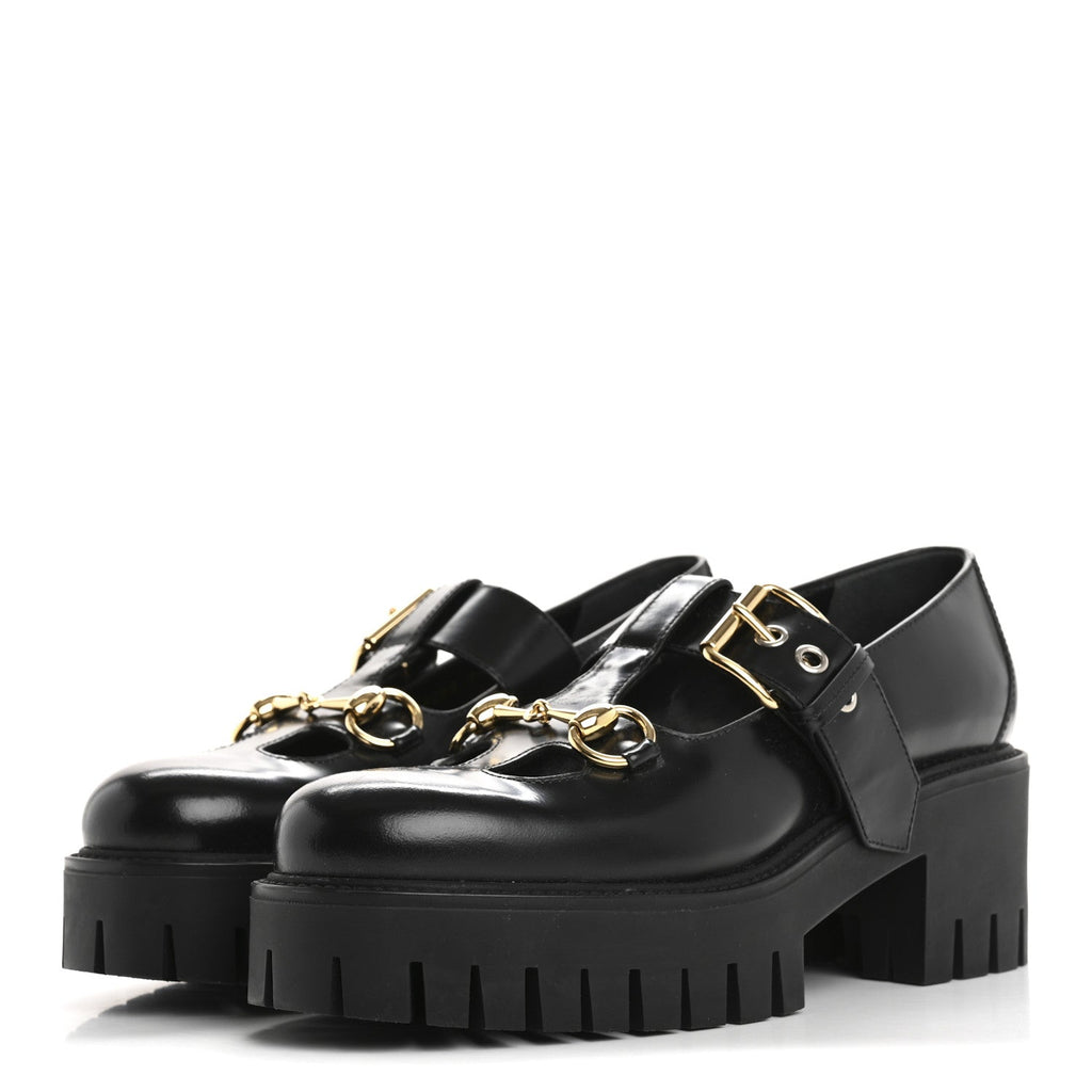 Calfskin Womens Horsebit Platform Chunky Lug Sole Mary Jane 40mm Loafers 38 Black