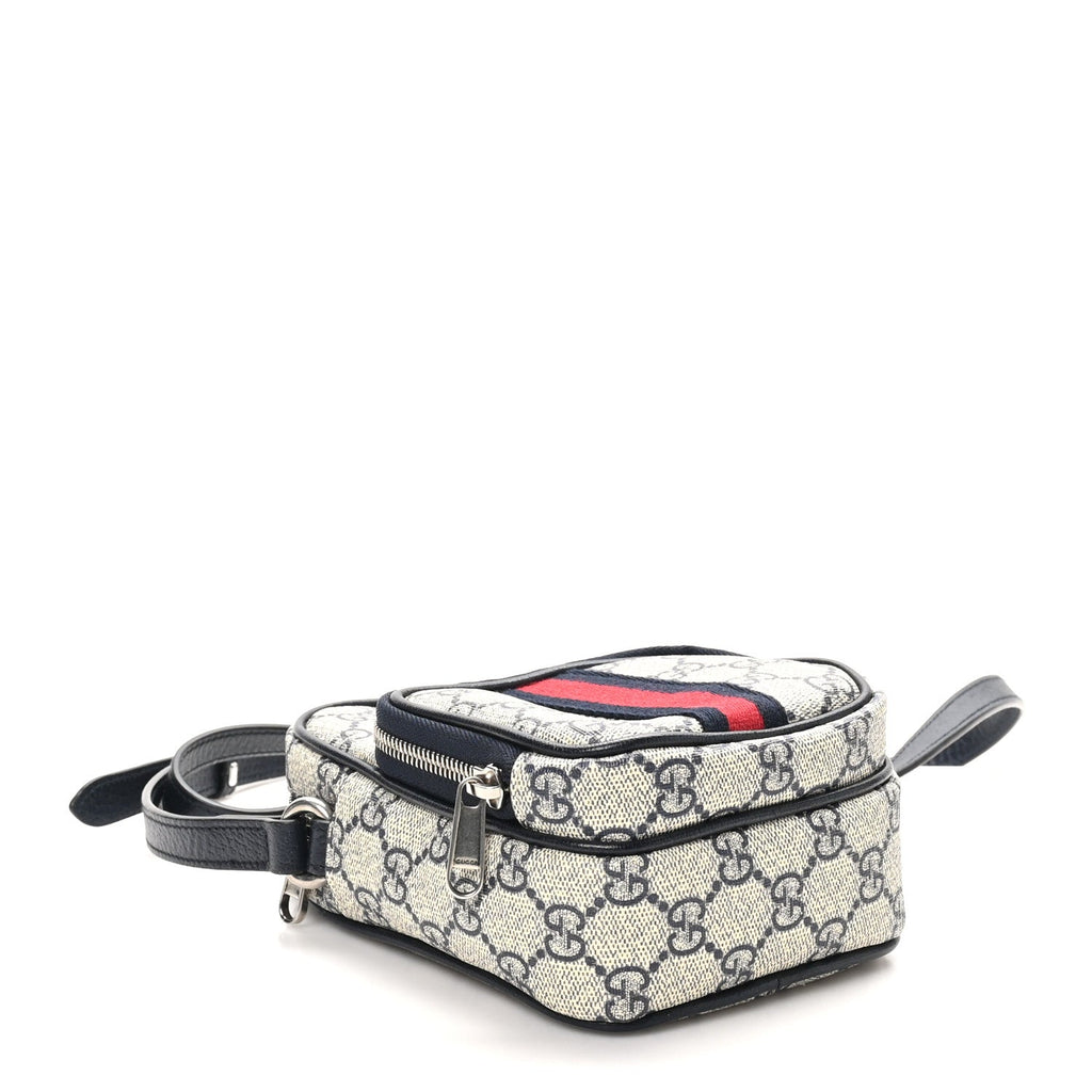 GG Supreme Monogram Textured Dollar Calfskin Web Mini Ophidia Double Zip Messenger Bag Beige Blue