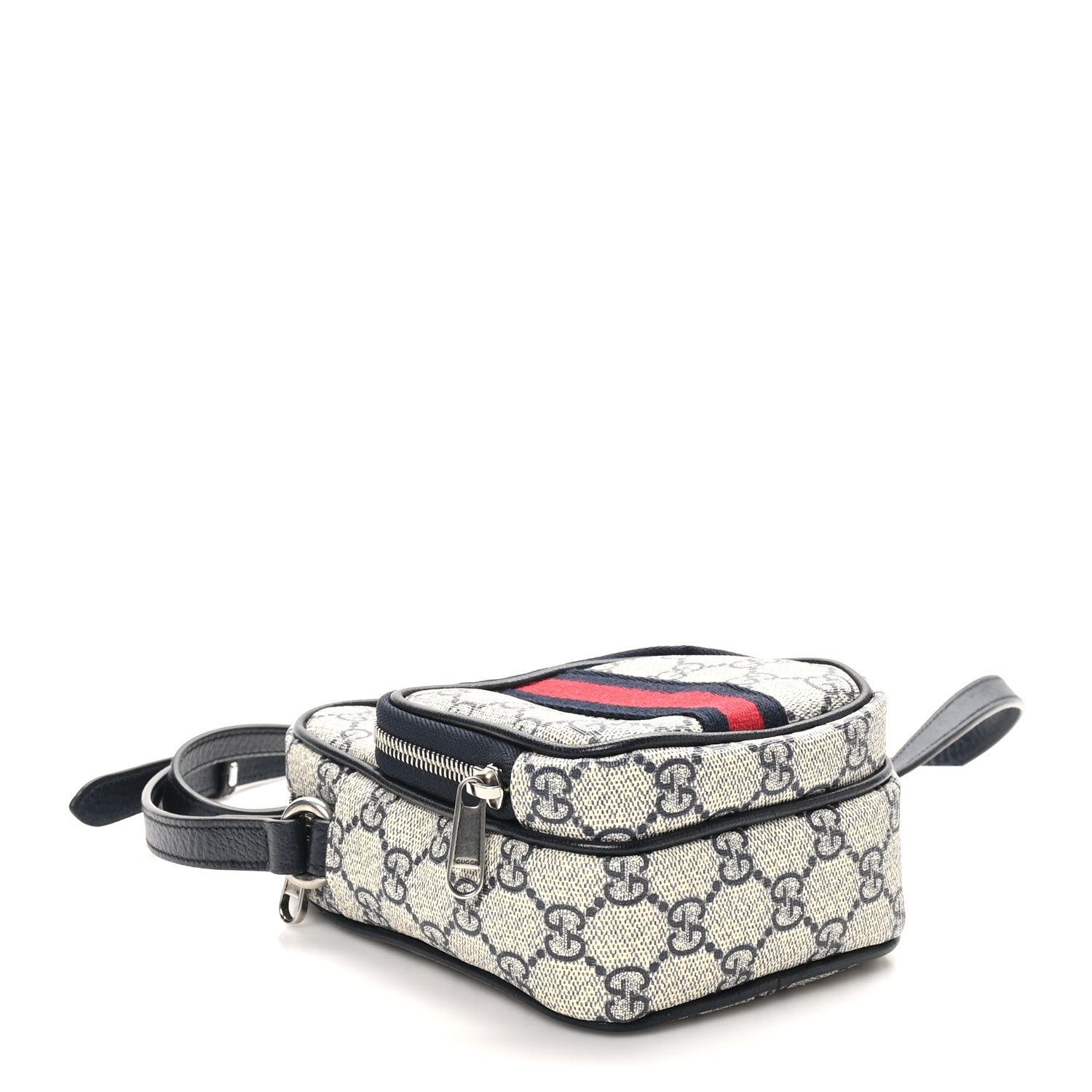 GG Supreme Monogram Textured Dollar Calfskin Web Mini Ophidia Double Zip Messenger Bag Beige Blue