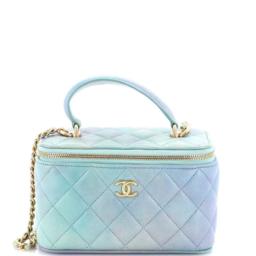 Classic Top Handle Vanity Case with Chain Quilted Iridescent Rainbow Lambskin Small