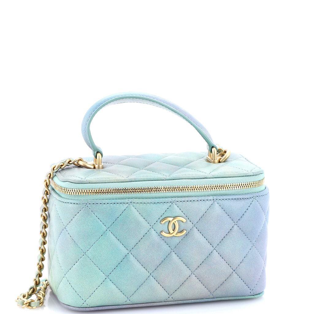 Classic Top Handle Vanity Case with Chain Quilted Iridescent Rainbow Lambskin Small