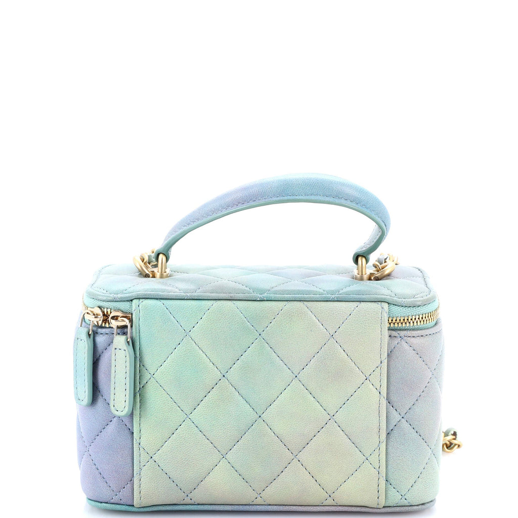Classic Top Handle Vanity Case with Chain Quilted Iridescent Rainbow Lambskin Small