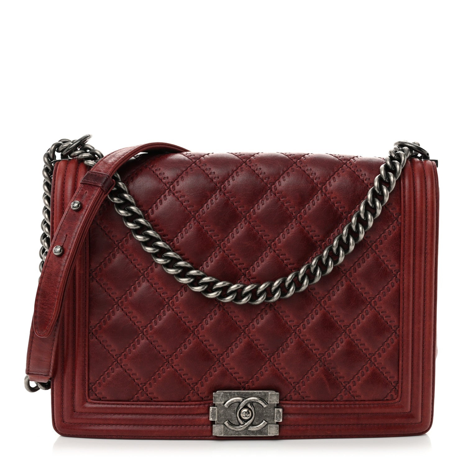 Calfskin Quilted Double Stitch Large Boy Flap Burgundy