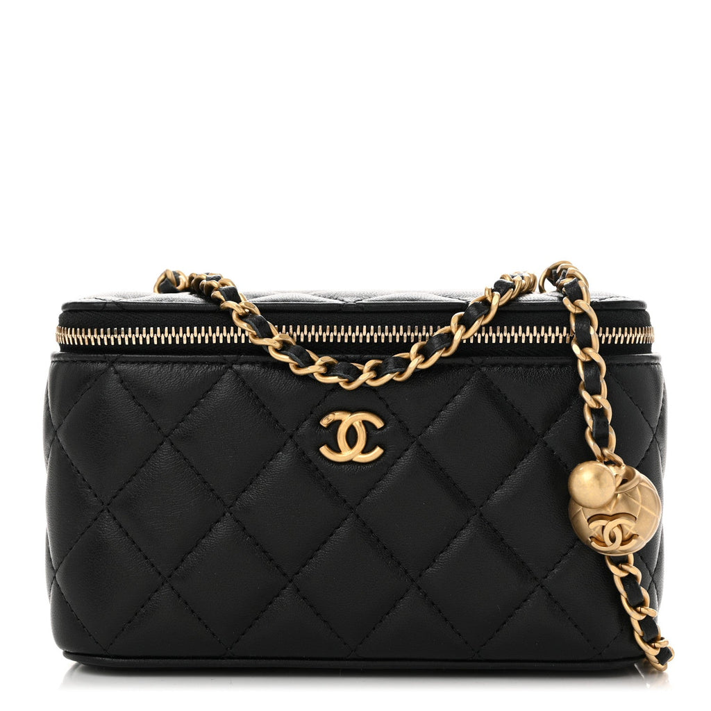 Lambskin Quilted Small Pearl Crush Vanity Case With Chain Black