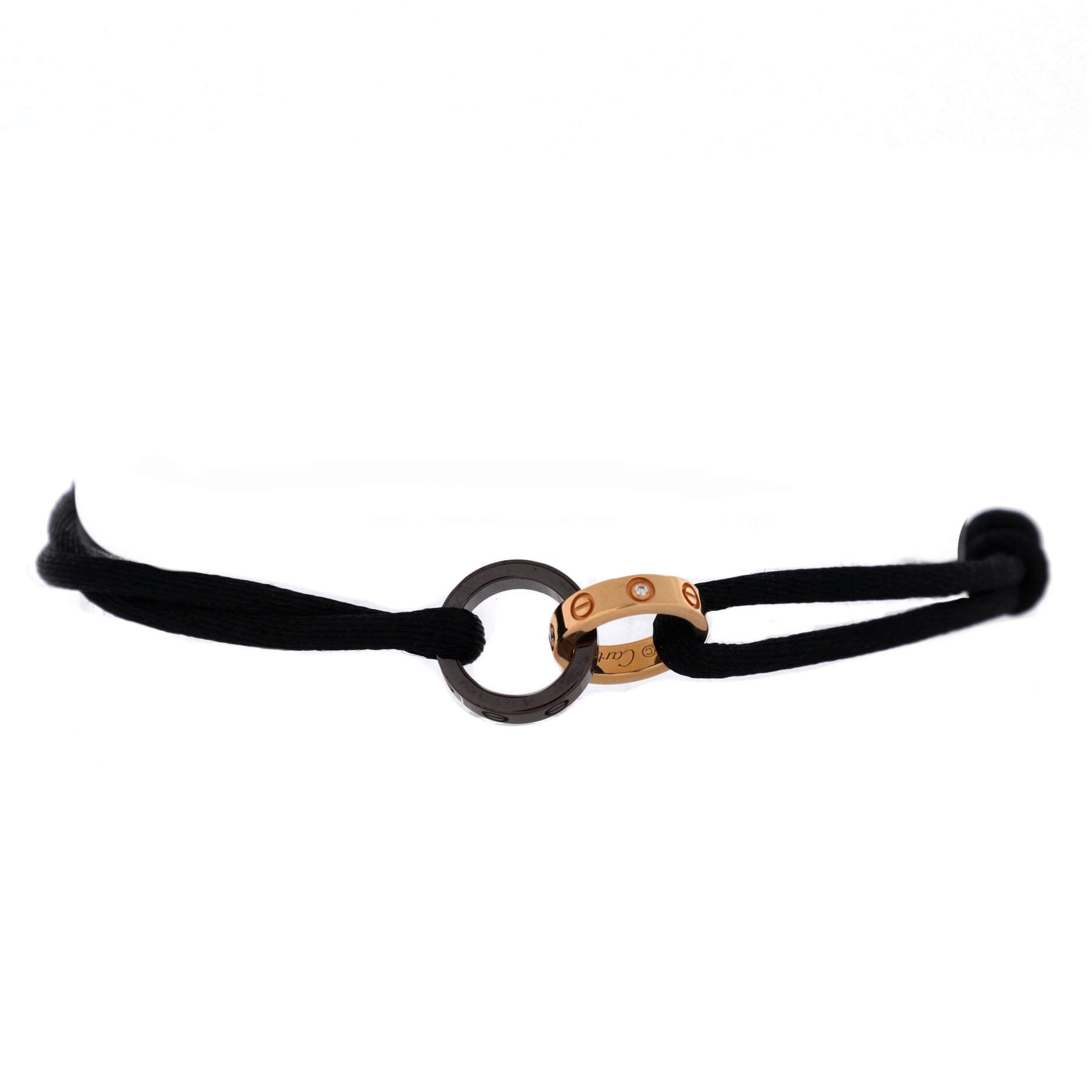 Charity Love 4 Diamonds Double Rings On Cord Bracelet Silk Cord with 18K Rose Gold and Ceramic and Diamonds