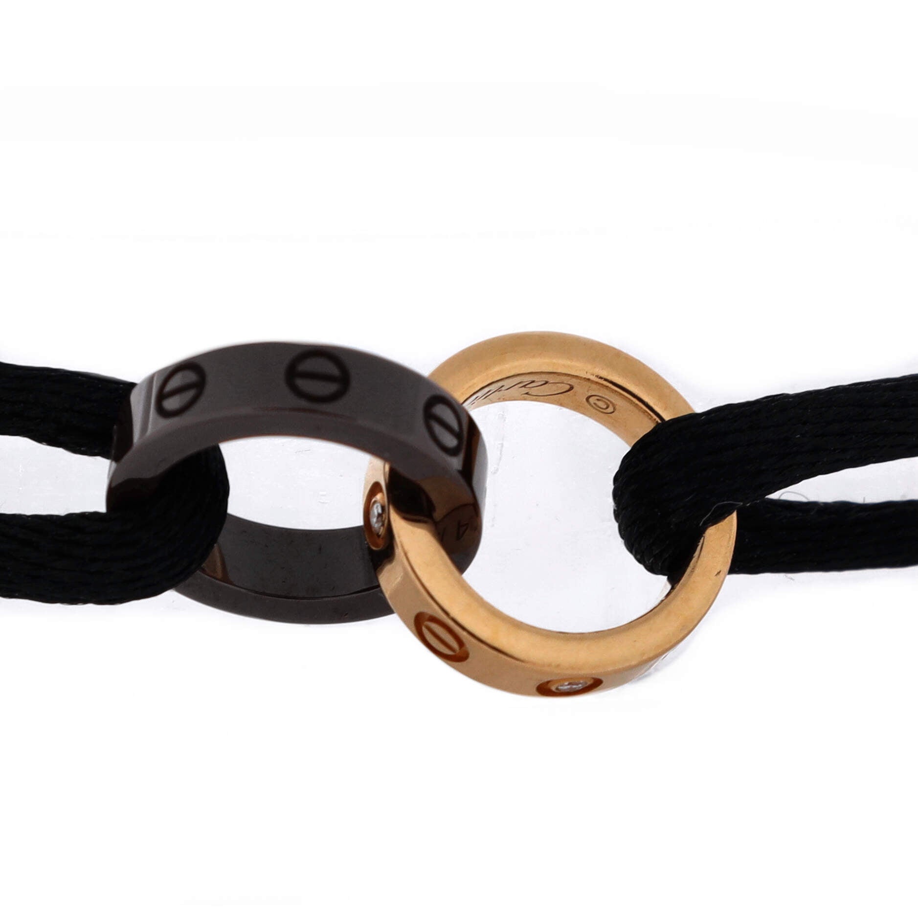 Charity Love 4 Diamonds Double Rings On Cord Bracelet Silk Cord with 18K Rose Gold and Ceramic and Diamonds
