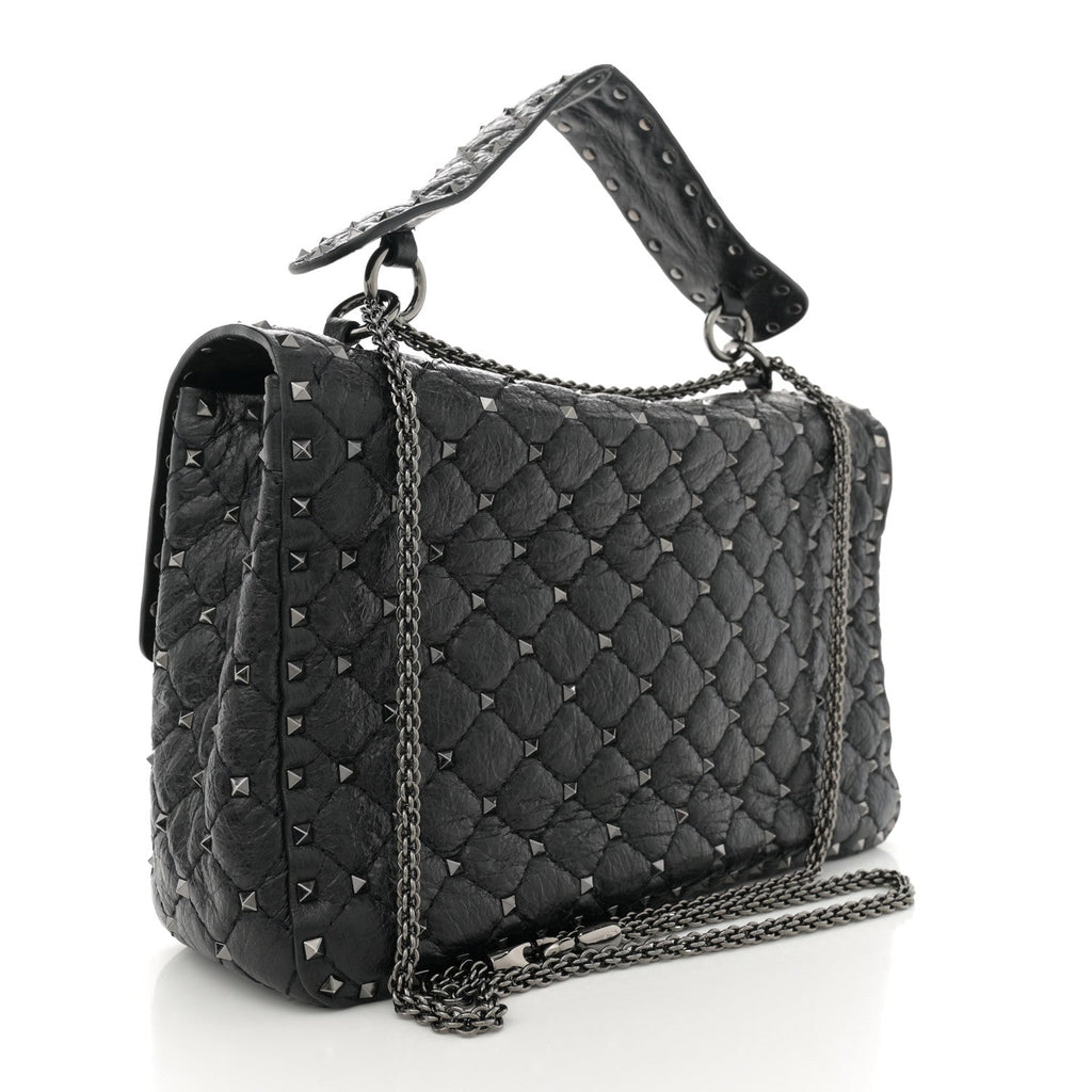 Craquele Nappa Large Rockstud Spike Shoulder Bag Black
