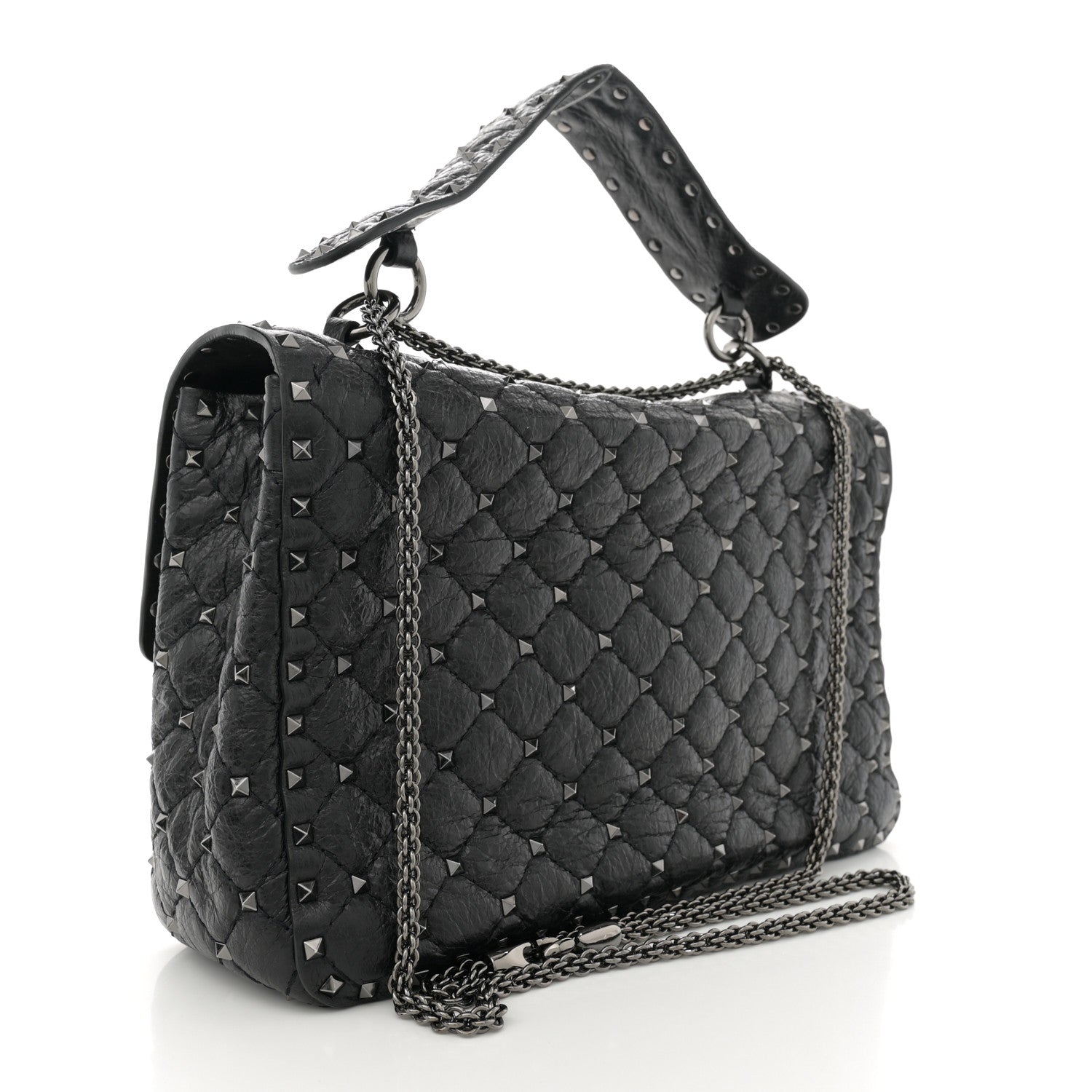Craquele Nappa Large Rockstud Spike Shoulder Bag Black