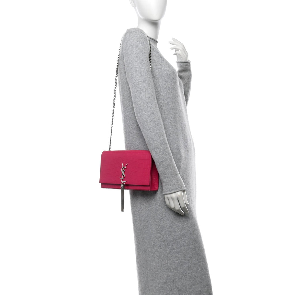 Calfskin Crocodile Embossed Medium Classic Monogram Kate Tassel Satchel Fuchsia