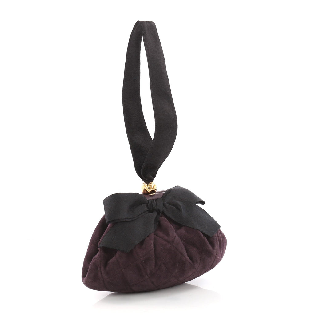 Vintage Bow Frame Clutch Quilted Suede Small