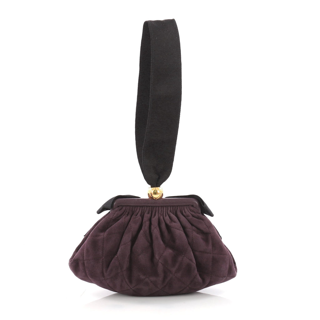 Vintage Bow Frame Clutch Quilted Suede Small