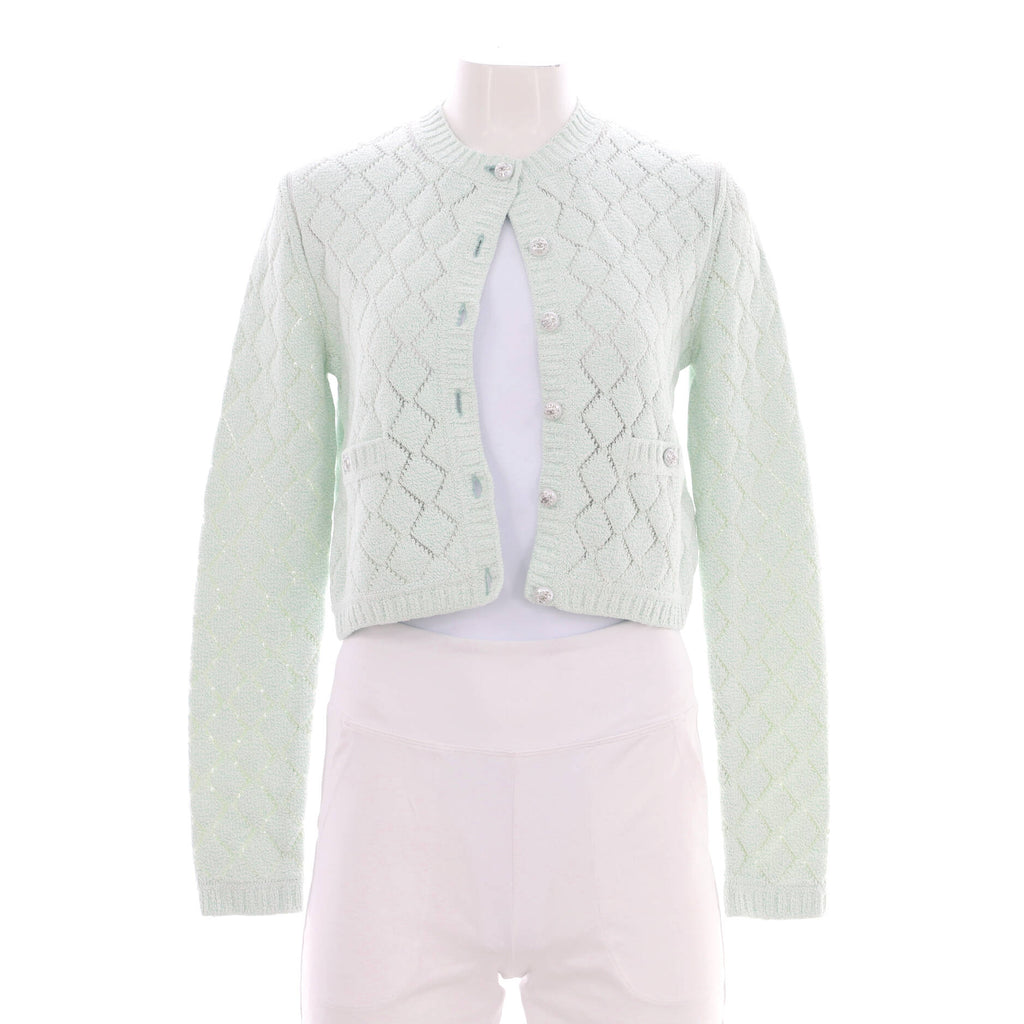 Women's CC Crystal Buttons Two Pocket Crewneck Cardigan Cotton Blend