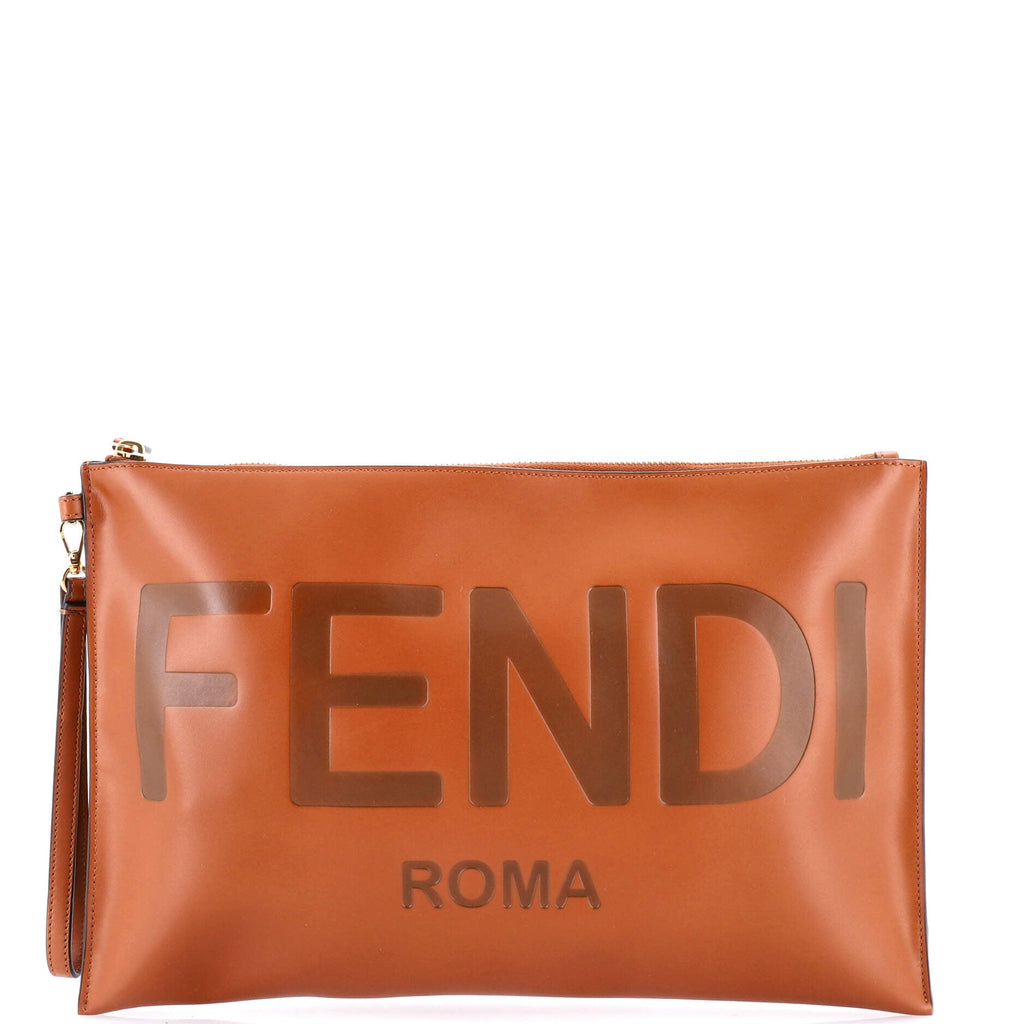 Logo Flat Wristlet Pouch Embossed Leather Large