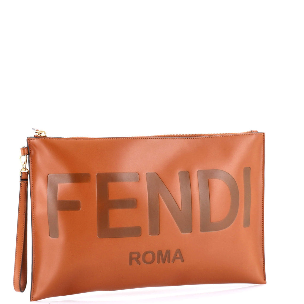 Logo Flat Wristlet Pouch Embossed Leather Large