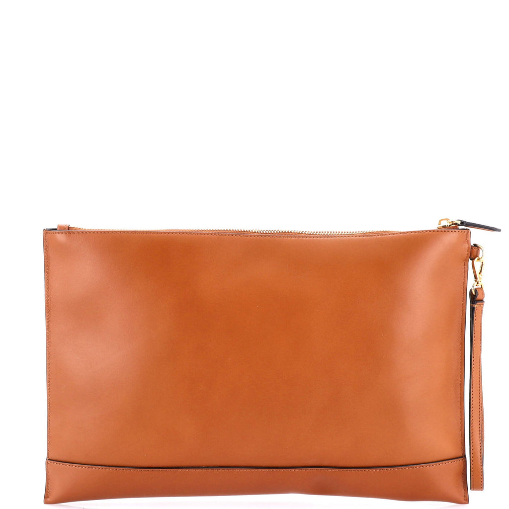 Logo Flat Wristlet Pouch Embossed Leather Large