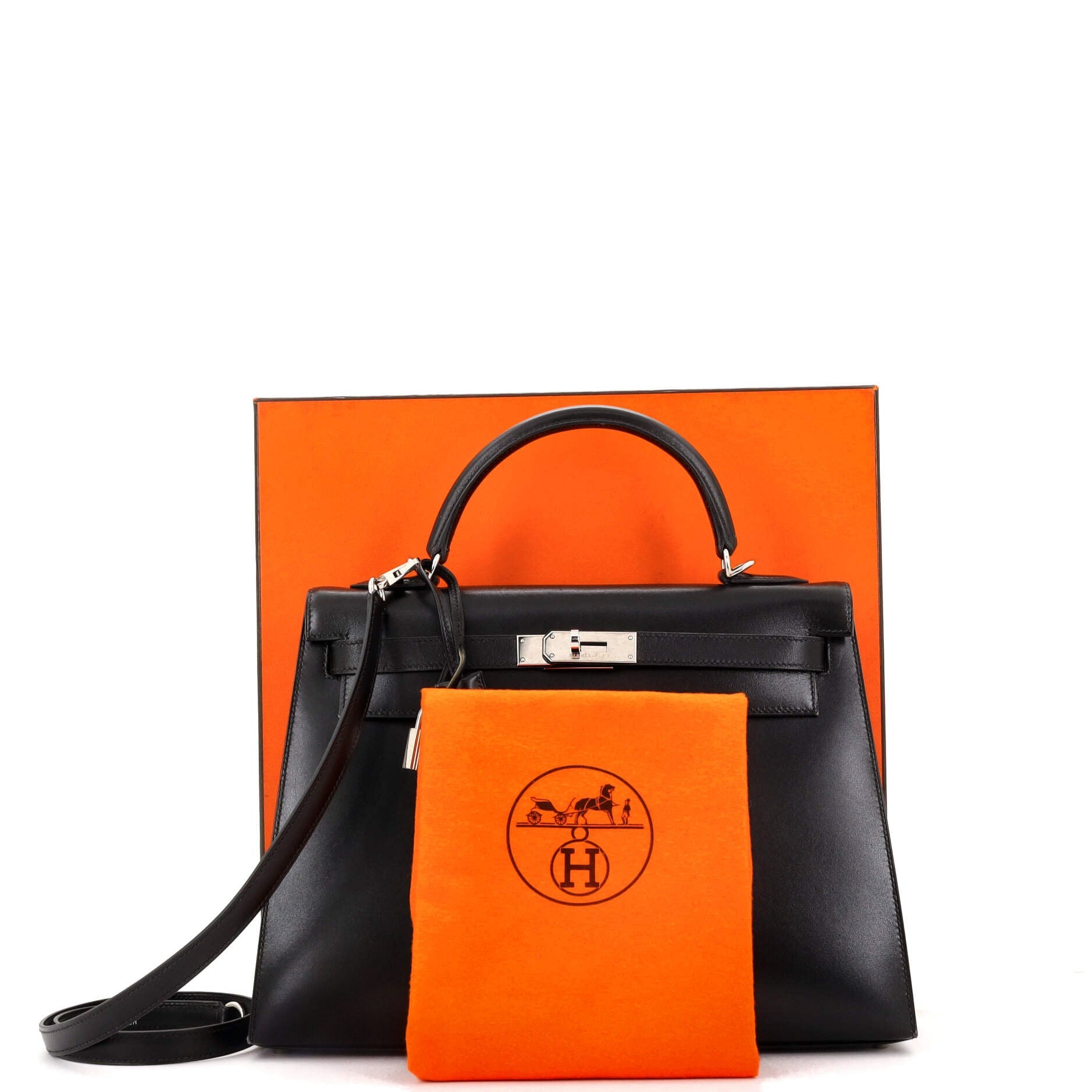 Kelly Handbag Noir Box Calf with Palladium Hardware 32