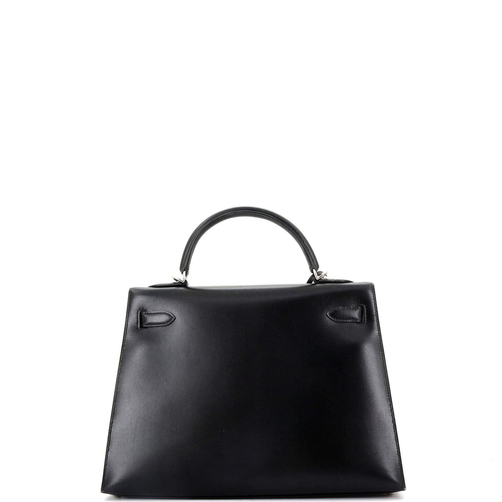 Kelly Handbag Noir Box Calf with Palladium Hardware 32