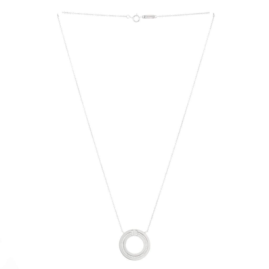 T Circle Pendant Necklace 18K White Gold with Diamonds Large