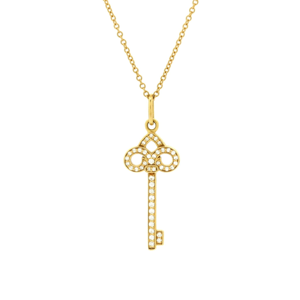 Fleur de Lis Key Pendant Necklace 18K Yellow Gold and Diamonds Mini
