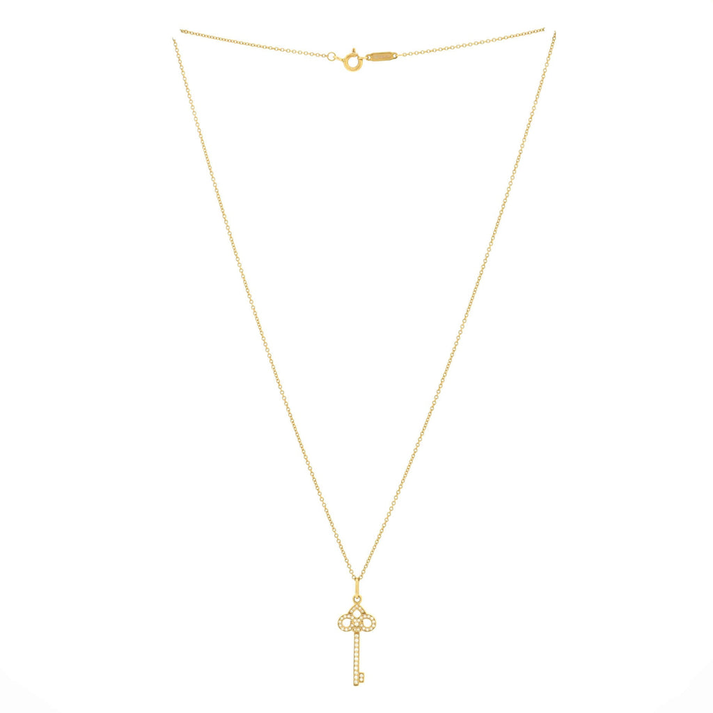 Fleur de Lis Key Pendant Necklace 18K Yellow Gold and Diamonds Mini