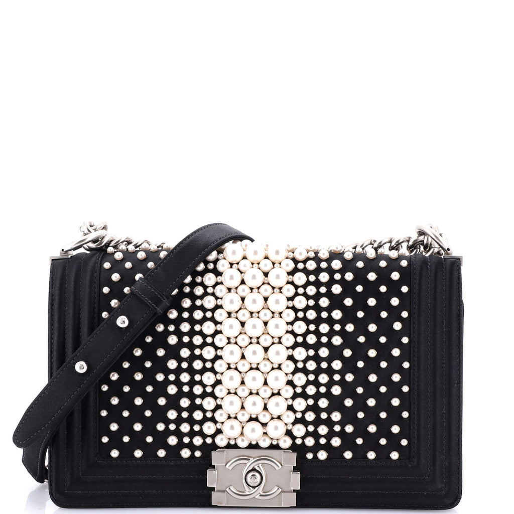 Boy Flap Bag Pearl Embellished Satin Old Medium