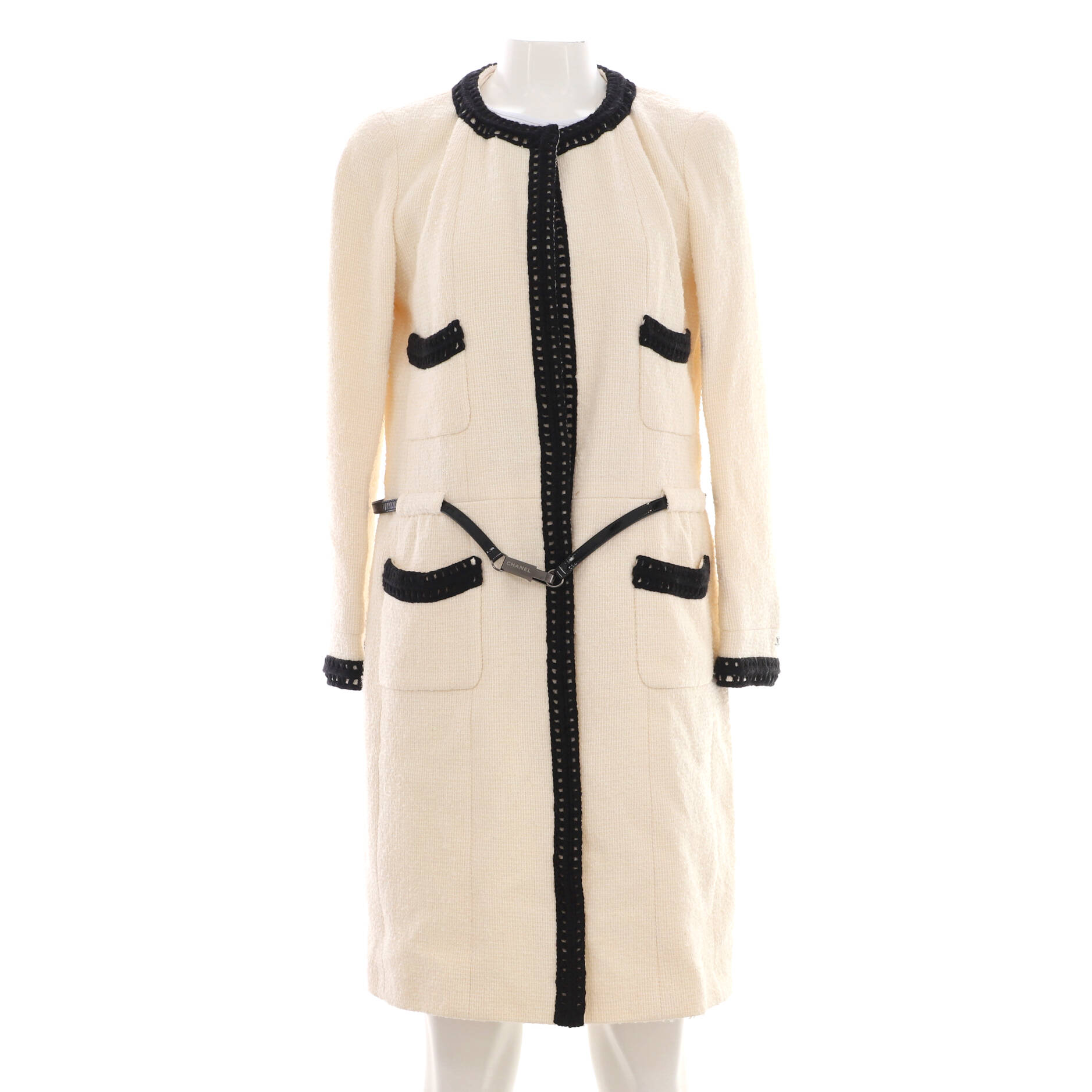 Women's Four Pocket Collarless Belted Long Coat Tweed