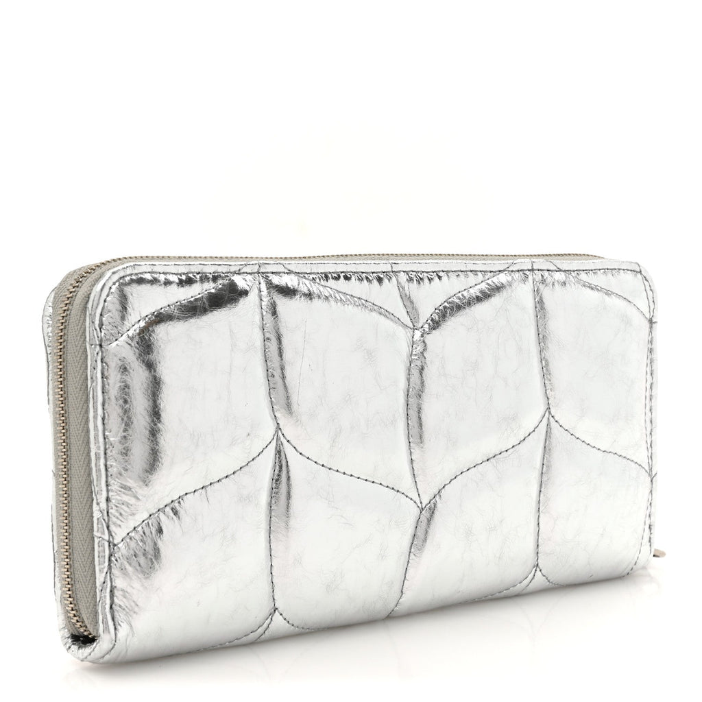 Metallic Crinkled Nappa Pillow Quilted Softie Zip Around Wallet Silver