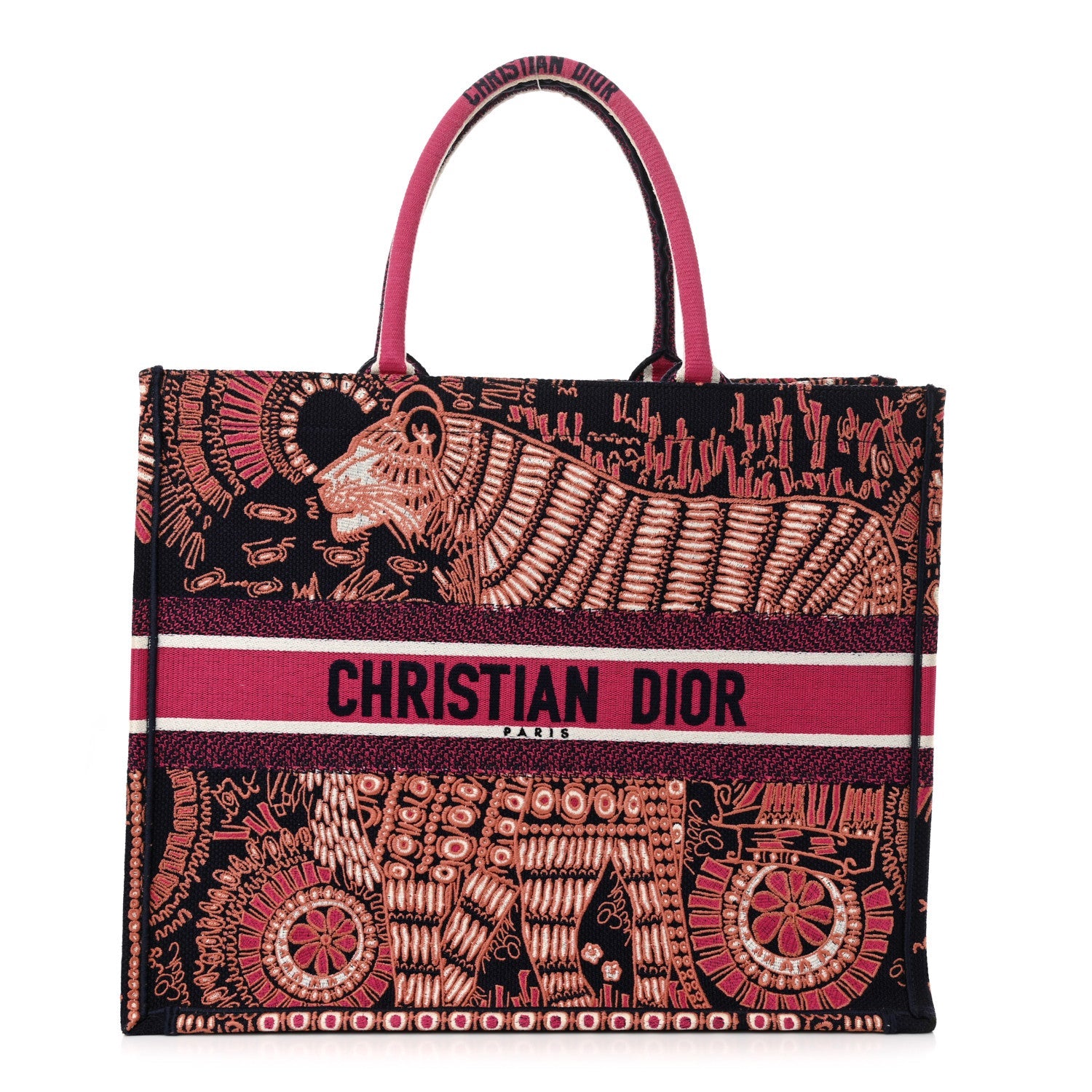Canvas Embroidered Dior Animals Tiger Book Tote Deep Blue Fuchsia