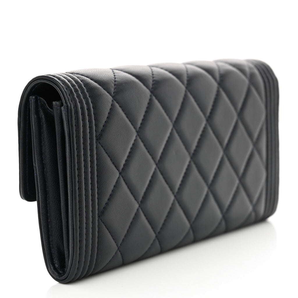 Lambskin Quilted Large Boy Gusset Flap Wallet Navy