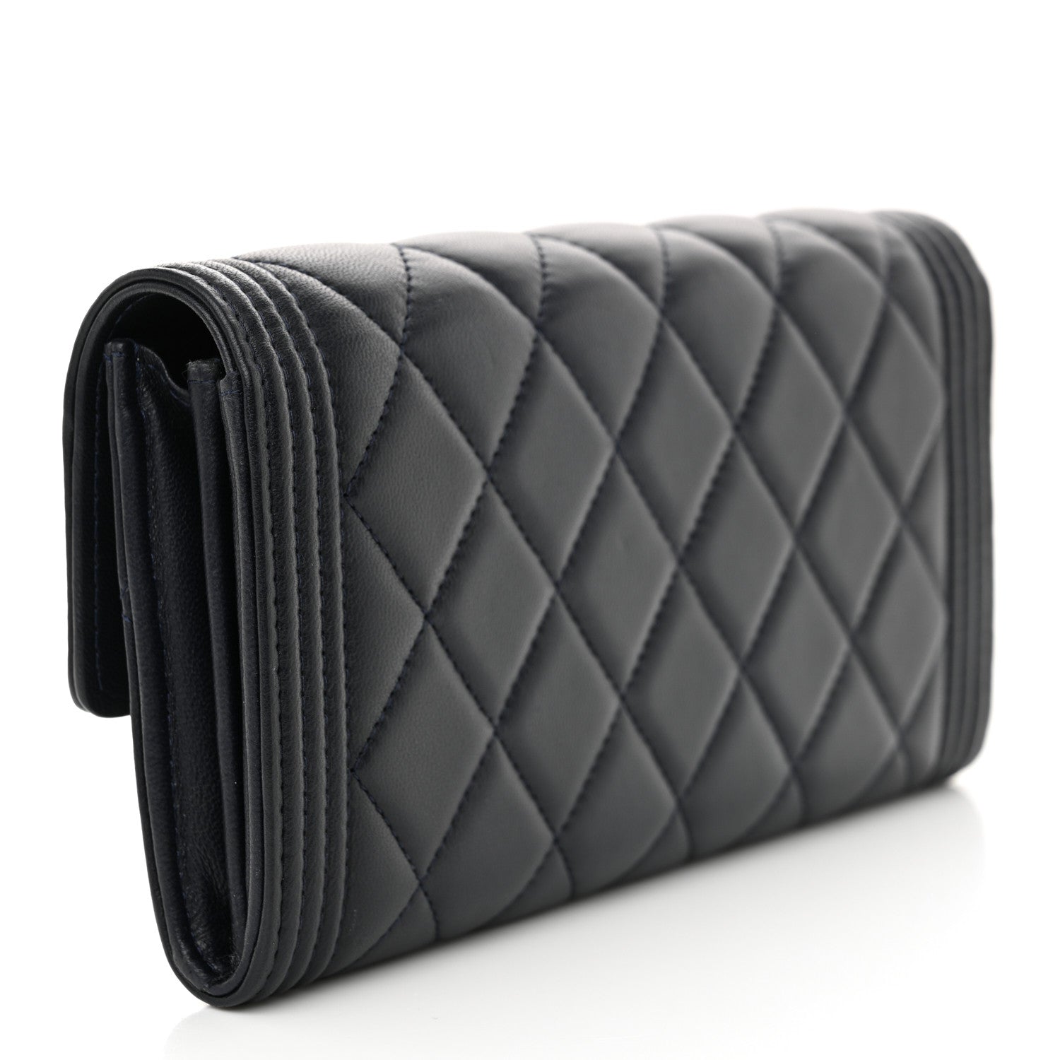 Lambskin Quilted Large Boy Gusset Flap Wallet Navy