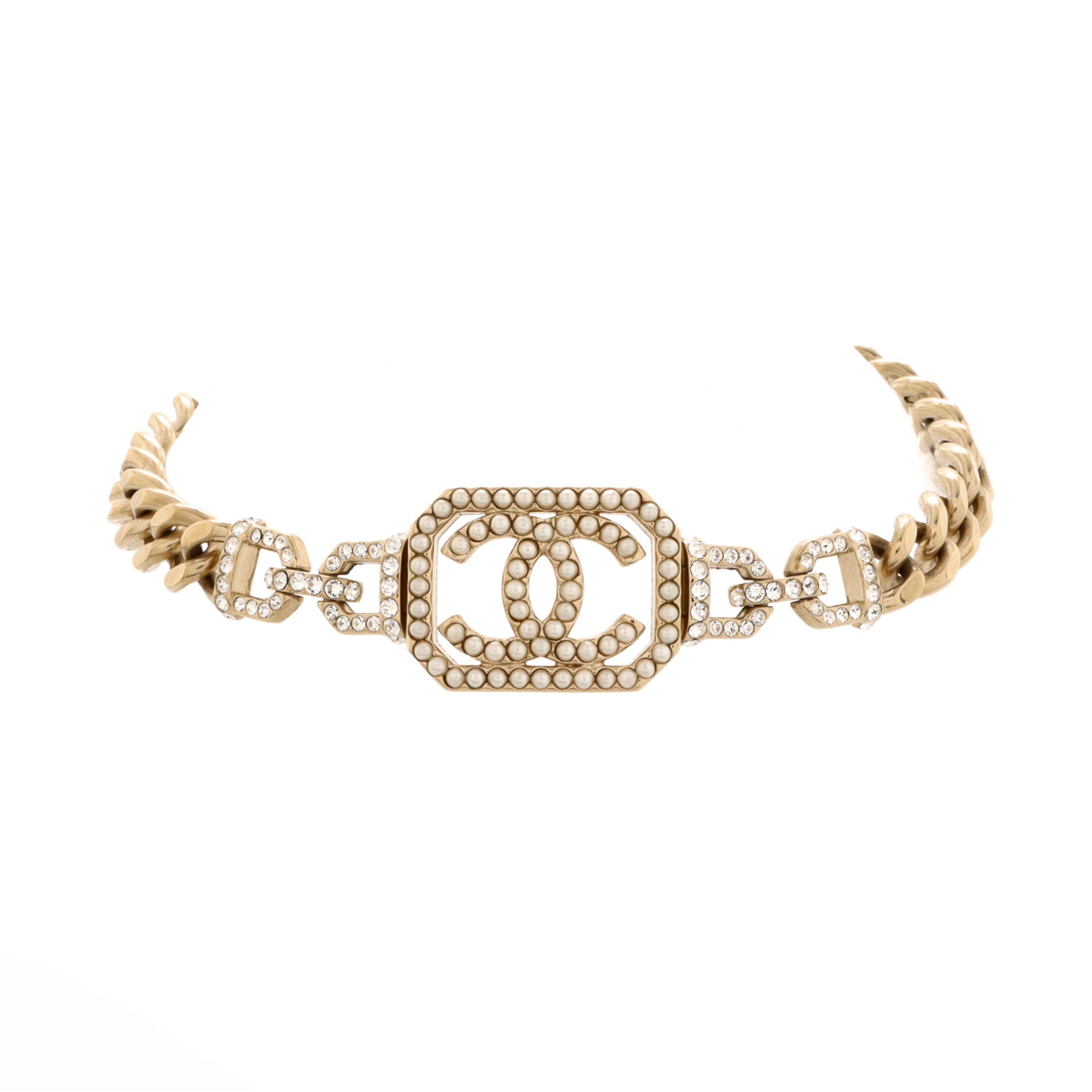 Vendome CC Chain Choker Necklace Metal with Crystals and Faux Pearls