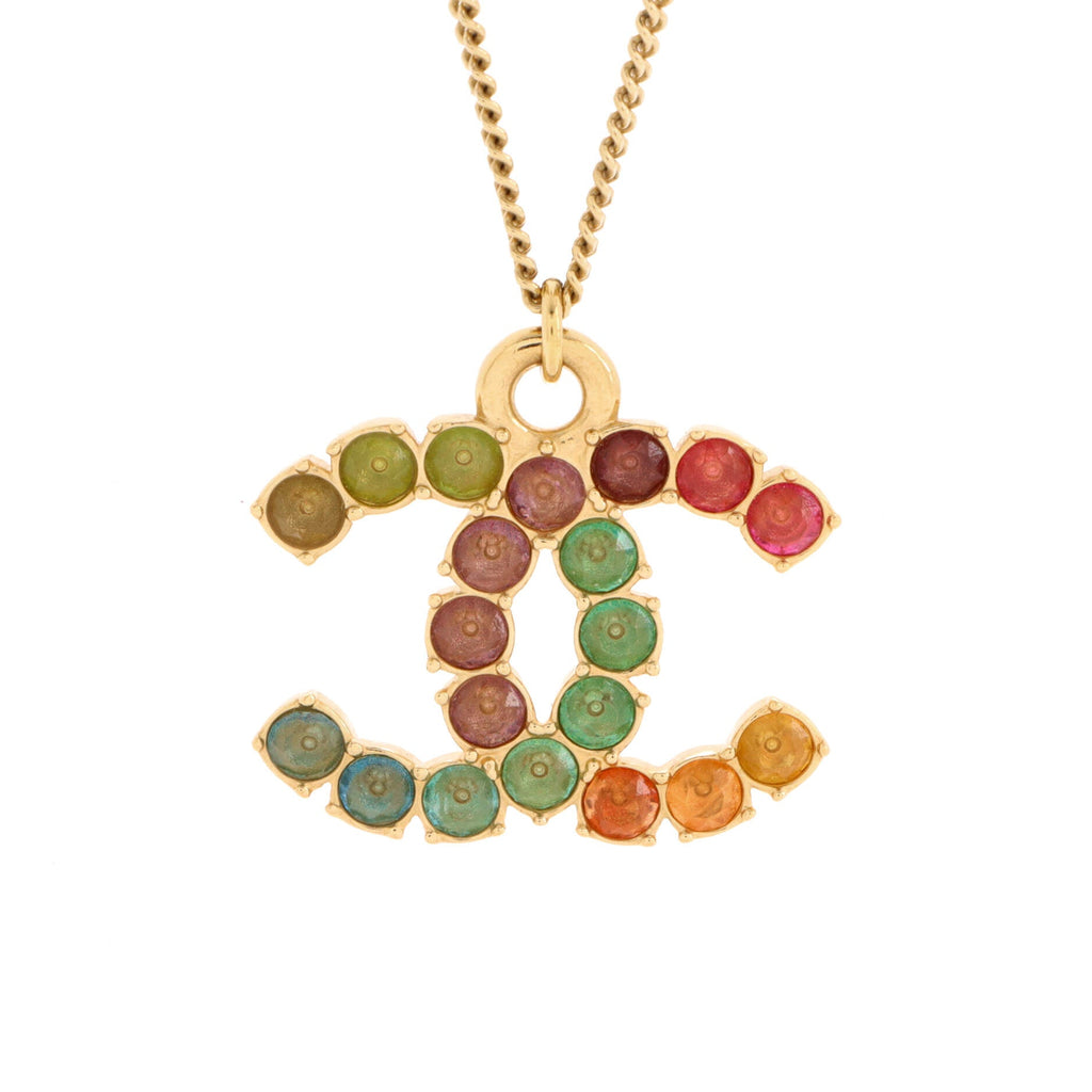 Rainbow CC Pendant Necklace Metal and Crystals