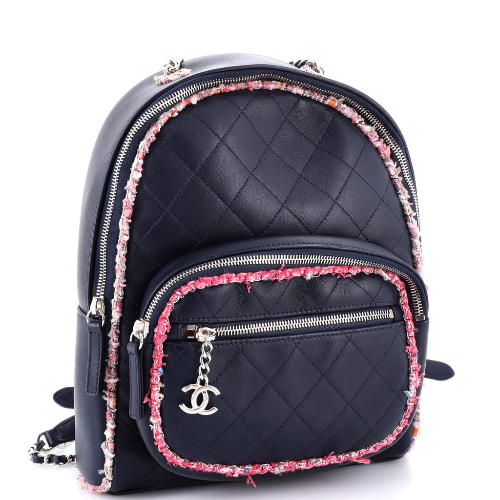 Elegant Trim Backpack Quilted Leather with Tweed Small